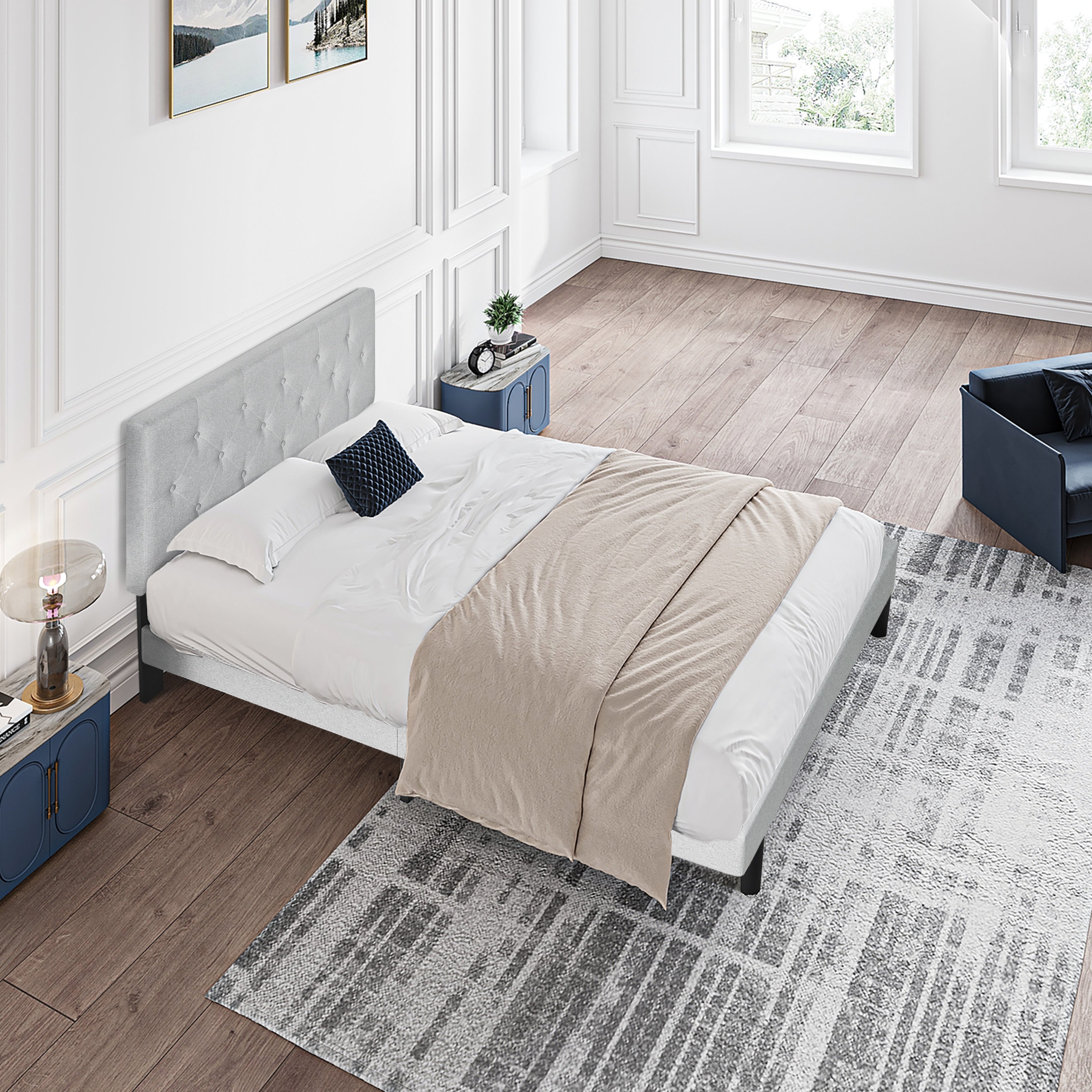 Twin Size Upholstered Platform Bed Frame With Button Tufted Linen Fabric Headboard No Box Spring Needed Wood Slat Support