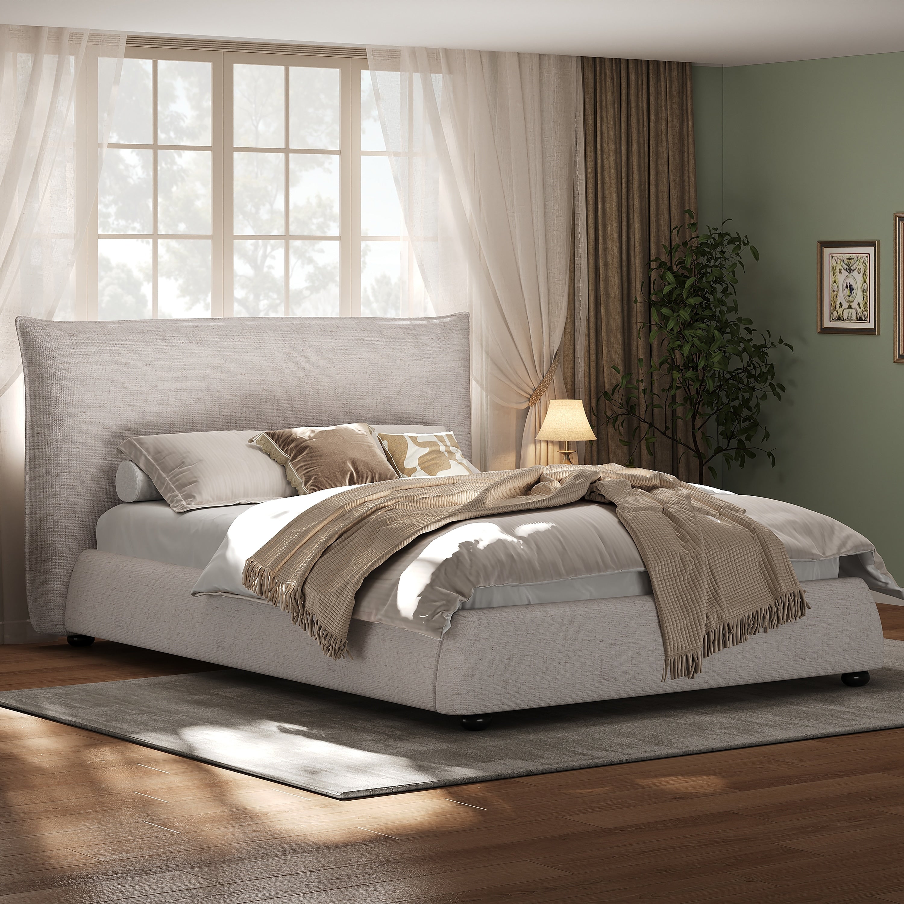 Twin Size Upholstered Platform Bed With Linen Fabric Pillow Back Headboard Beige