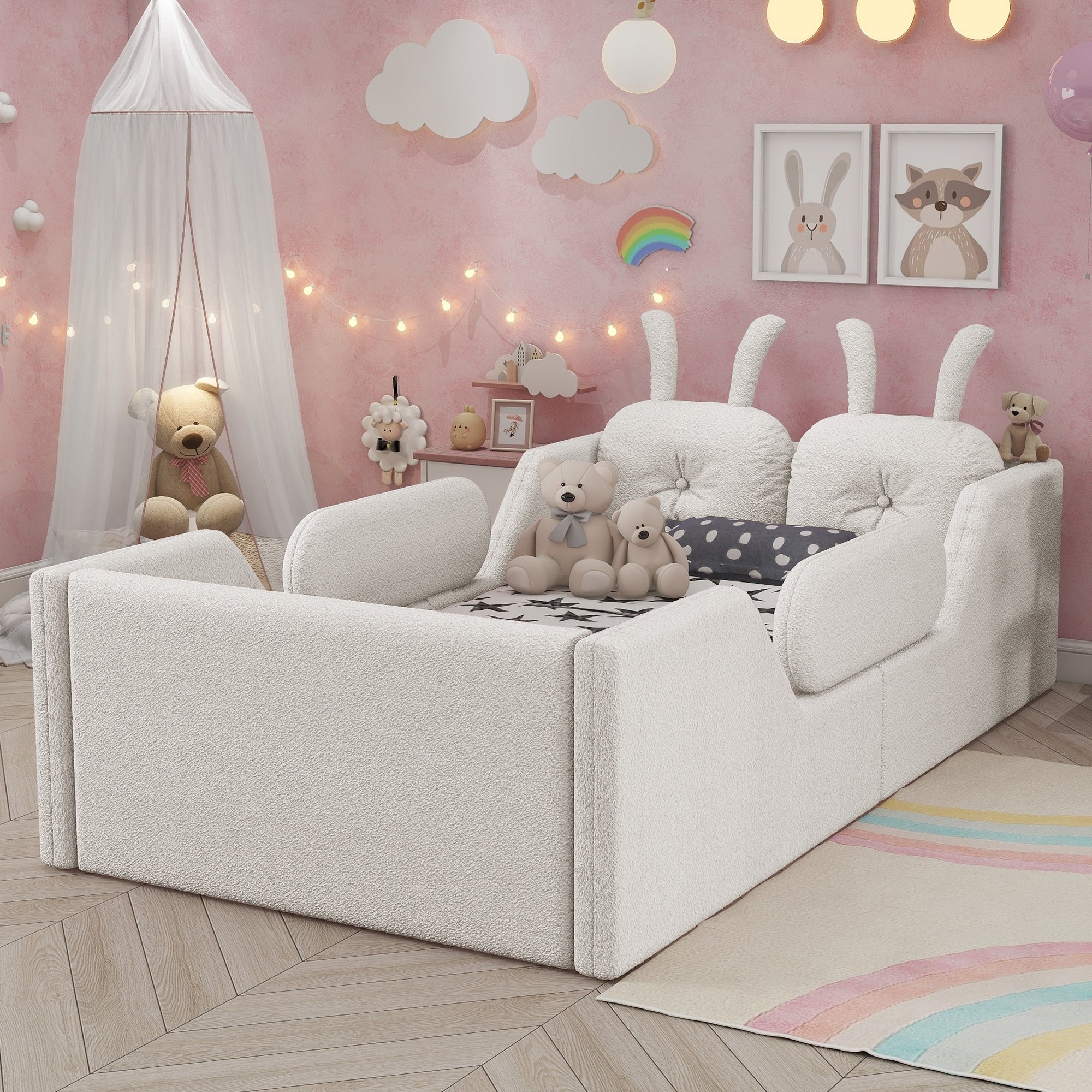Twin Size Upholstered Platform Bed With Rabbit Cushion Kids Floor Upholstered Bed With Removable Side Rails