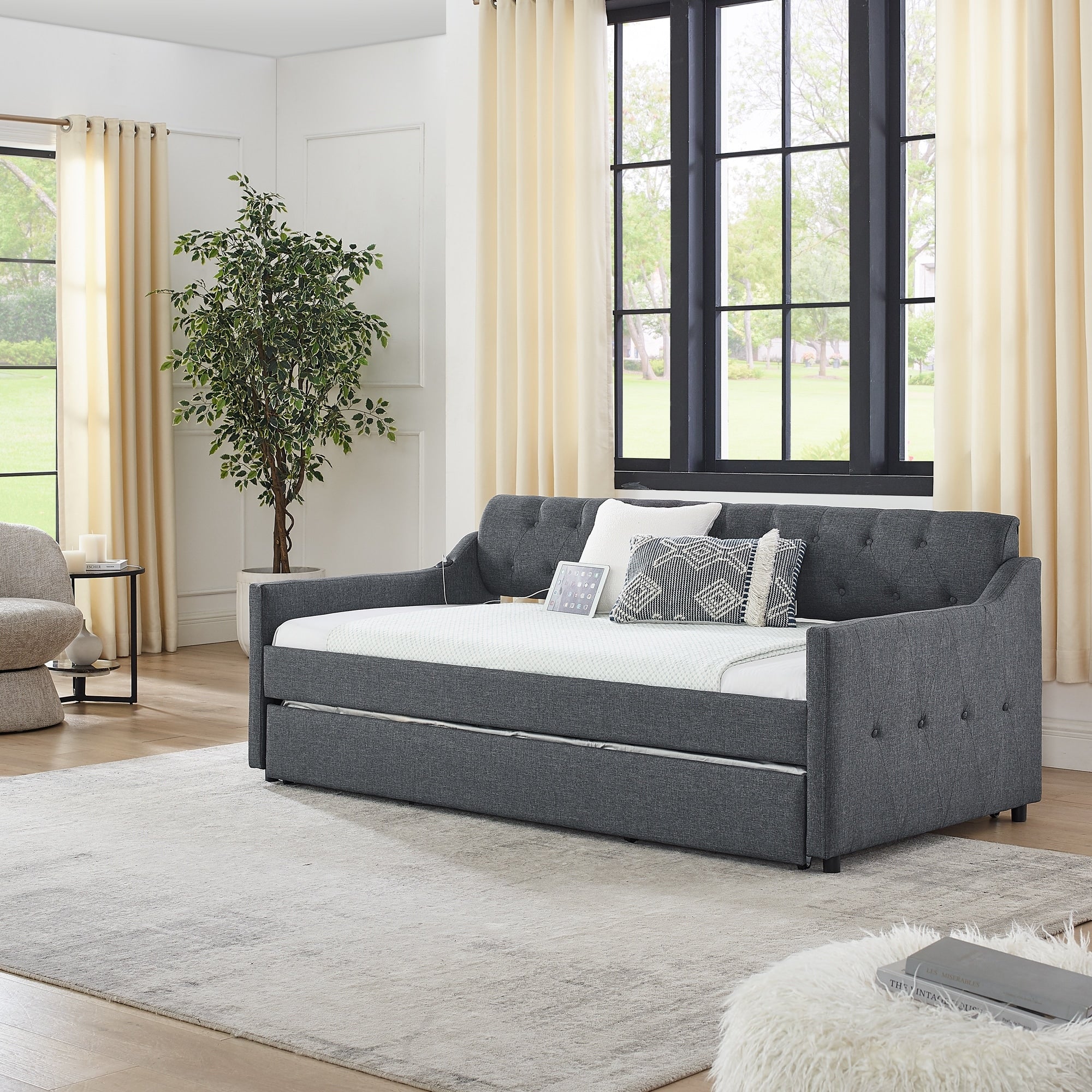 Twin Size Upholstery Daybed With Usb Charging Port Trundle Bed