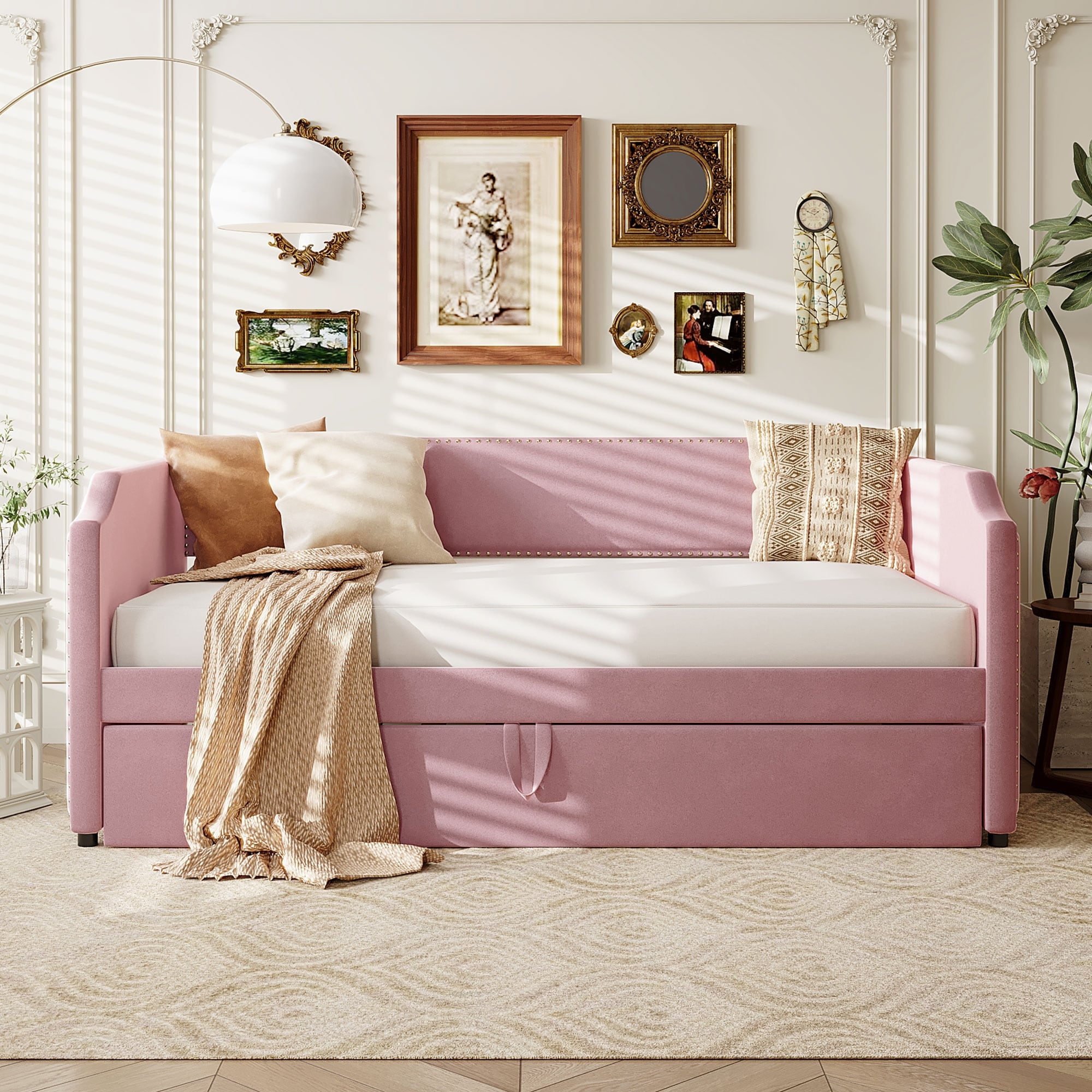 Twin Size Velvet Upholstered Daybed With Pop Up Trundle Pink