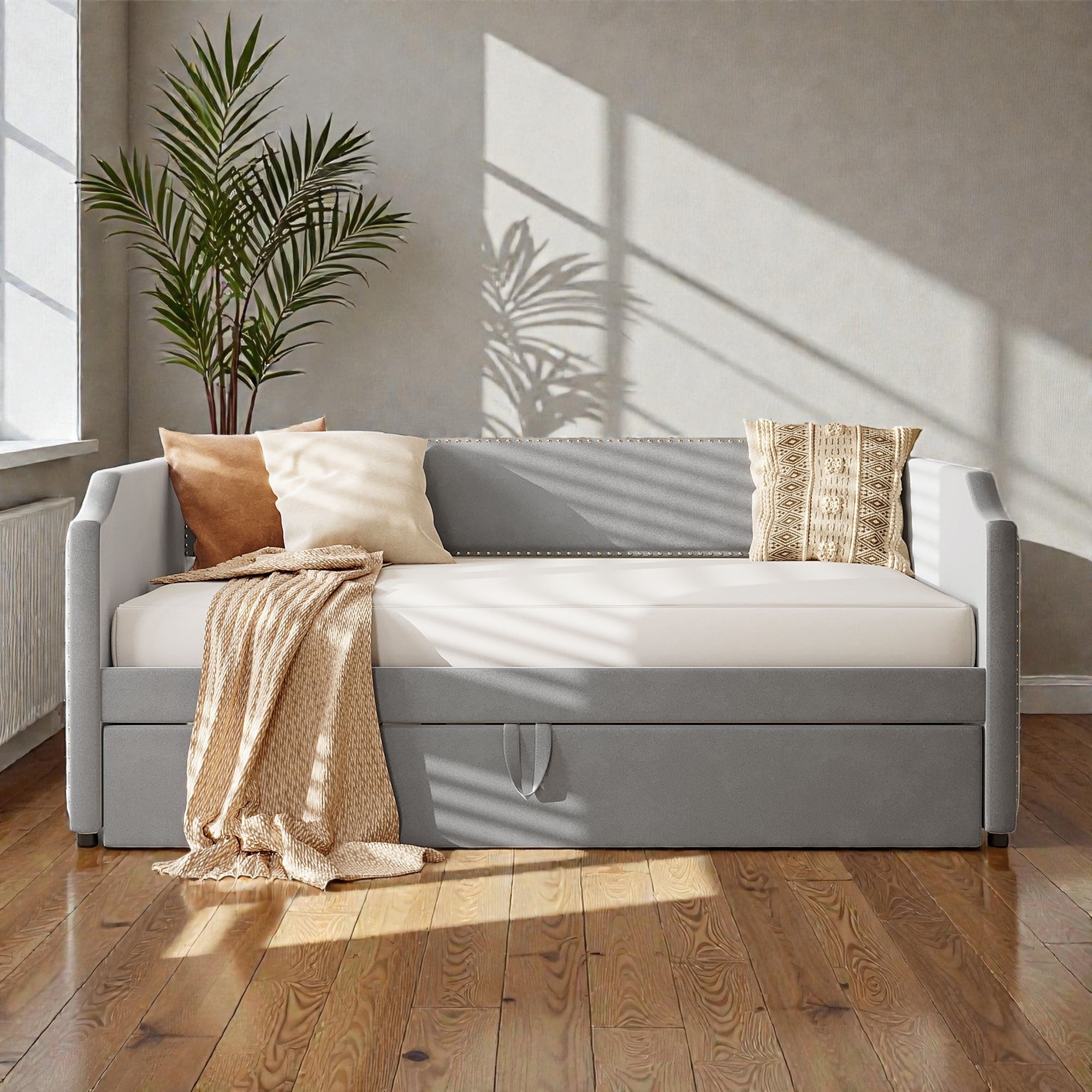 Twin Size Velvet Upholstered Daybed With Pop Up Trundle 2 In 1 Sofa Bed For Guest Room Or Kids Room
