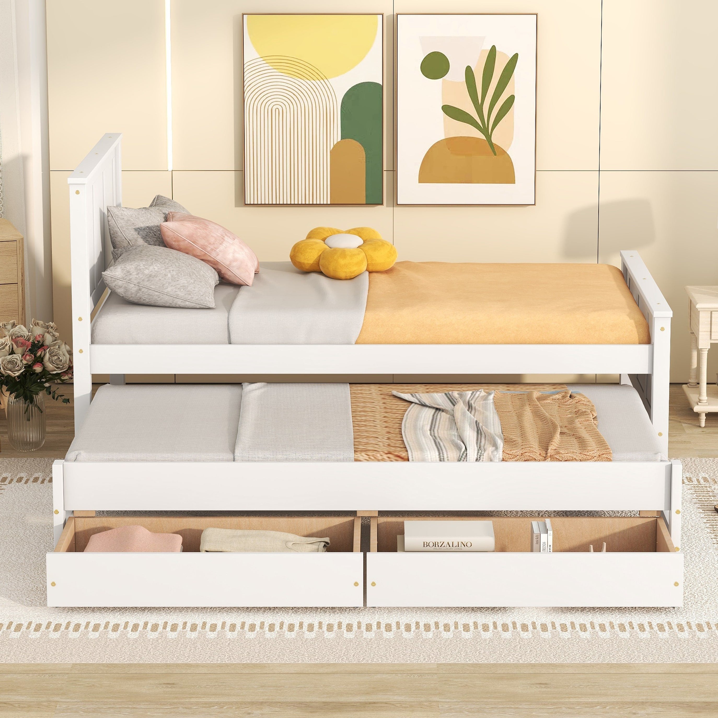 Twin Size White Platform Bed Frame With Trundle Bed And Drawers