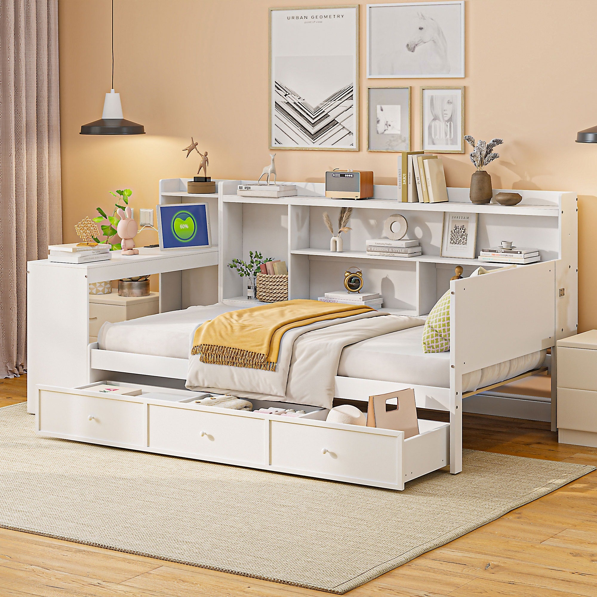 Twin Size White Wooden Daybed With 3 Drawers Usb Ports
