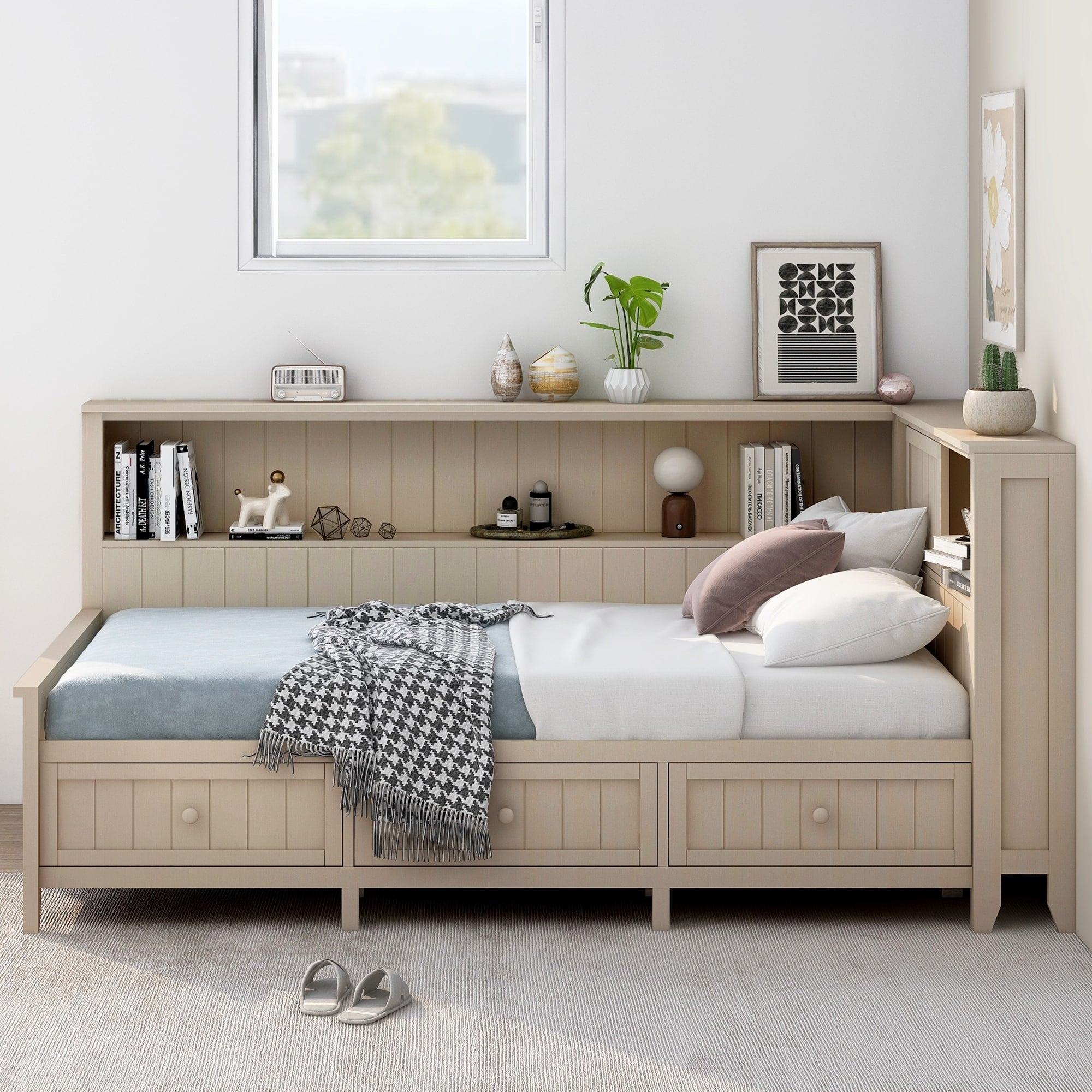 Twin Size Wood Antique White Daybed With Storage Shelves And 3 Drawers
