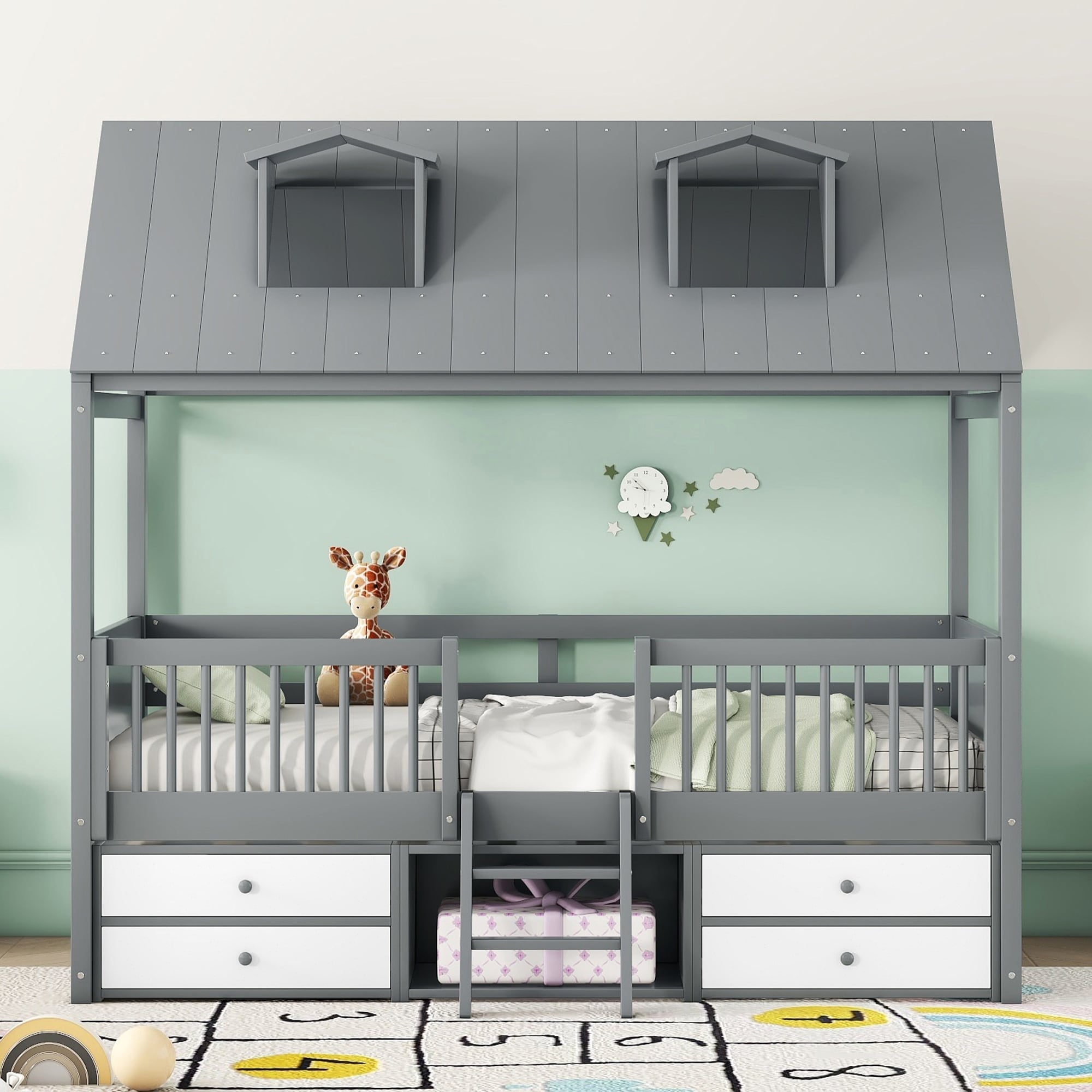 Twin Size Wood Bed House Bed Frame Creative Kids Playhouse Bed Frame