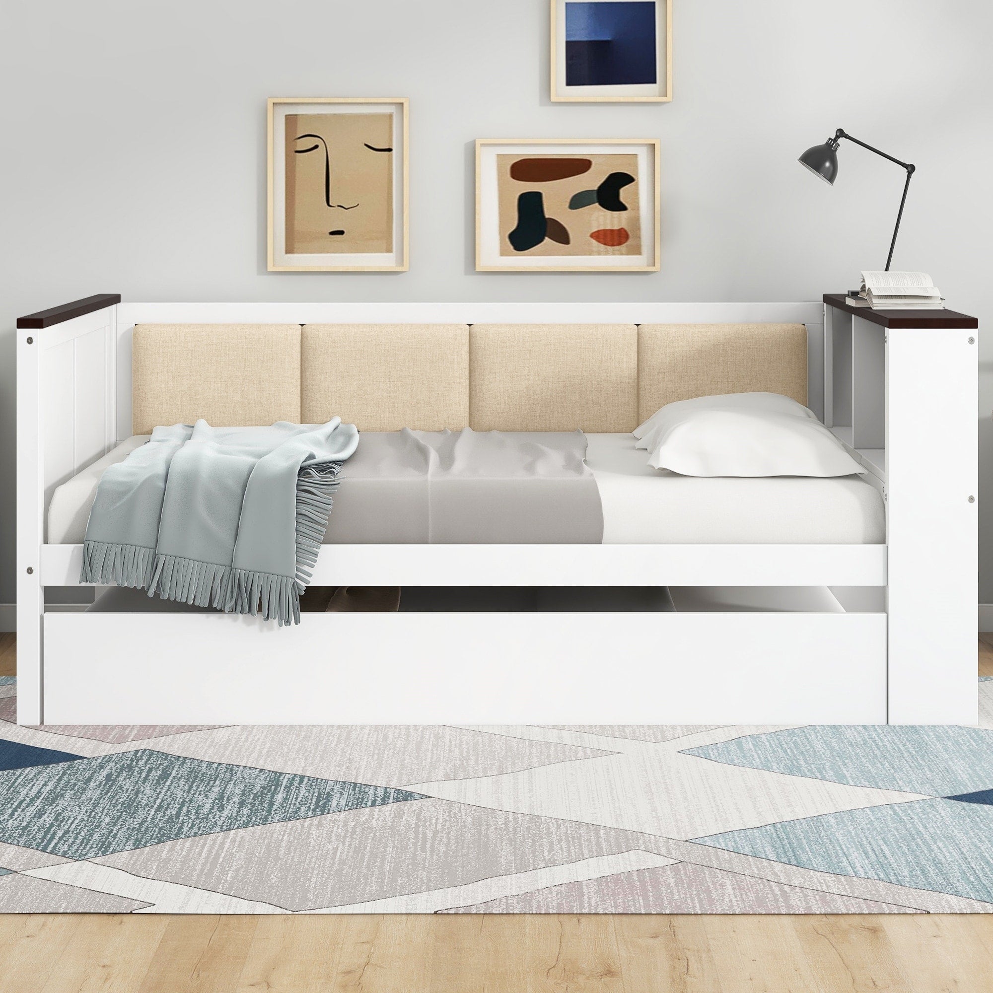Twin Size Wood Daybed With Storage Shelves Upholstered Backrest Usb And Trundle White