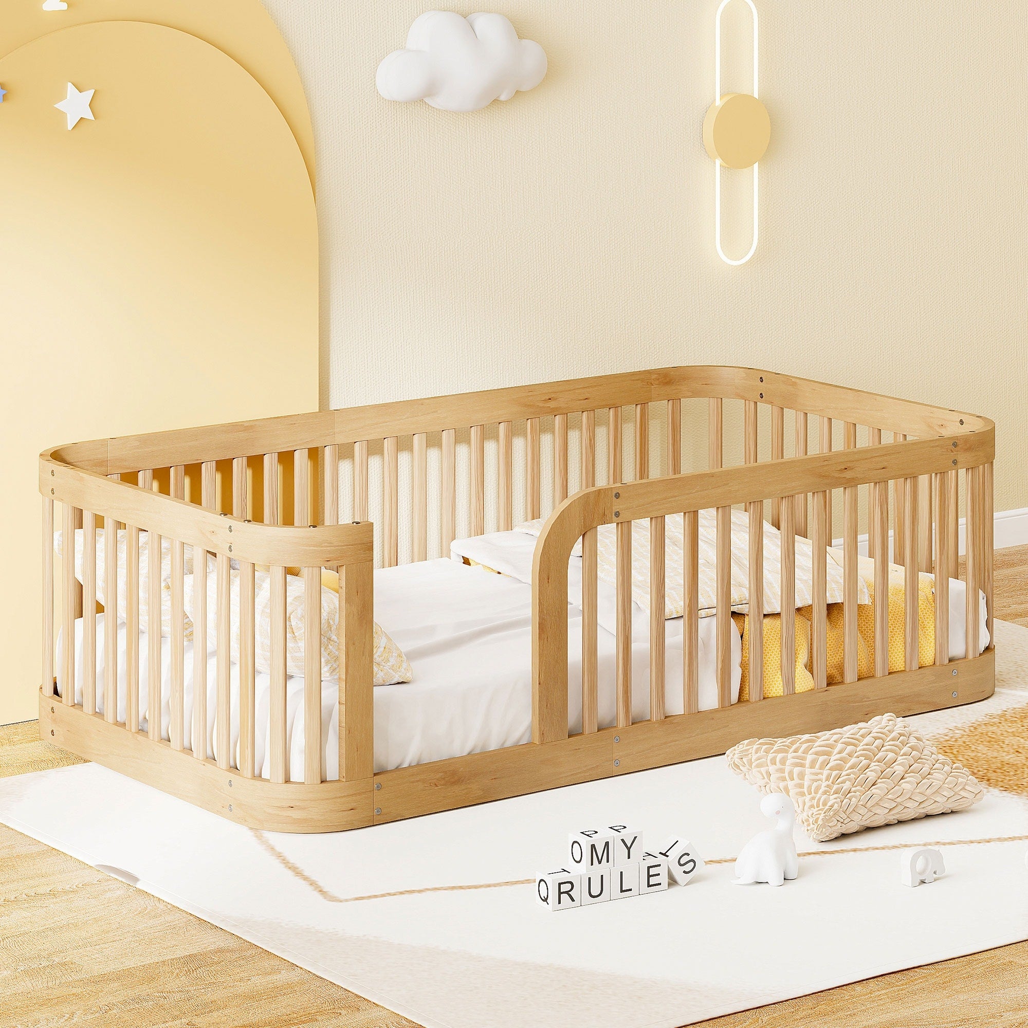 Twin Size Wood Floor Bed With Fence Low Profile Platform Frame For Toddlers