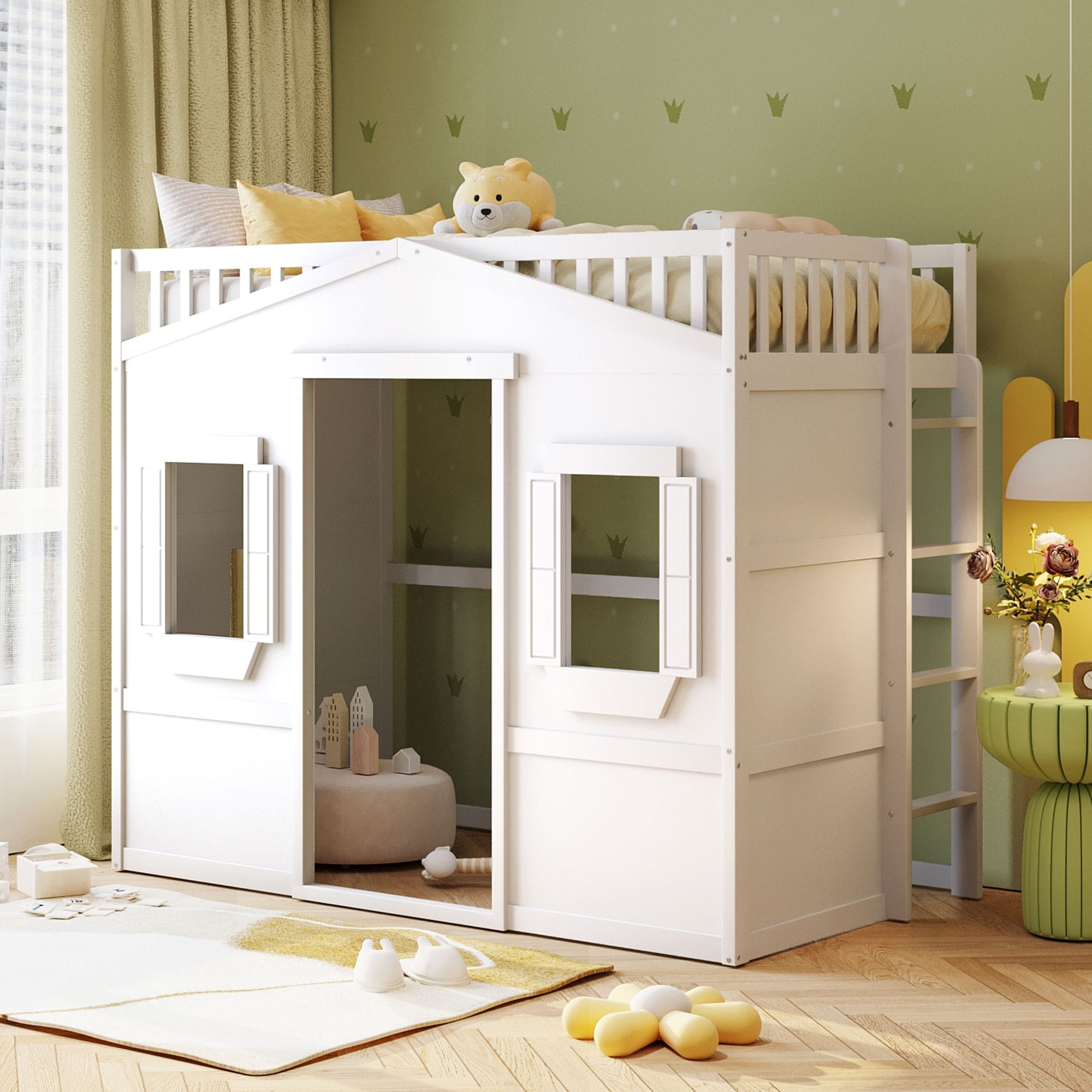 Twin Size Wood House Loft Bed With Ladder Guardrails