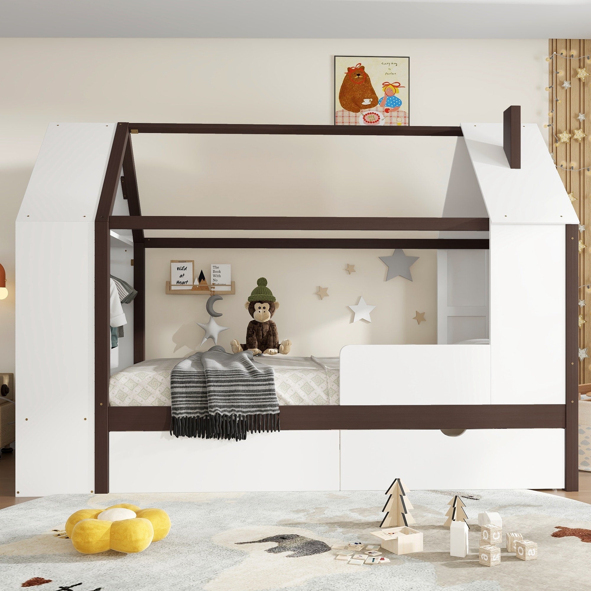 Twin Size Wood House Platform Bed With Storage Drawers Childlike House Bed With Built In Shelves