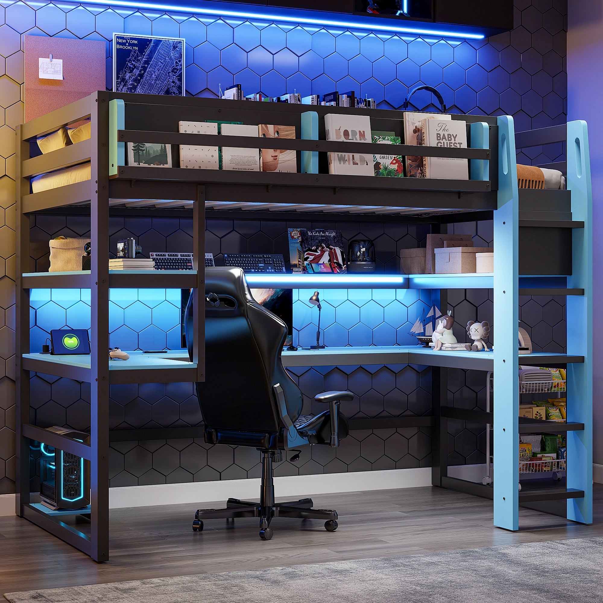 Twin Size Wood Loft Bed With Integrated Desk Multi Storage Shelves And Rgb Led Lights