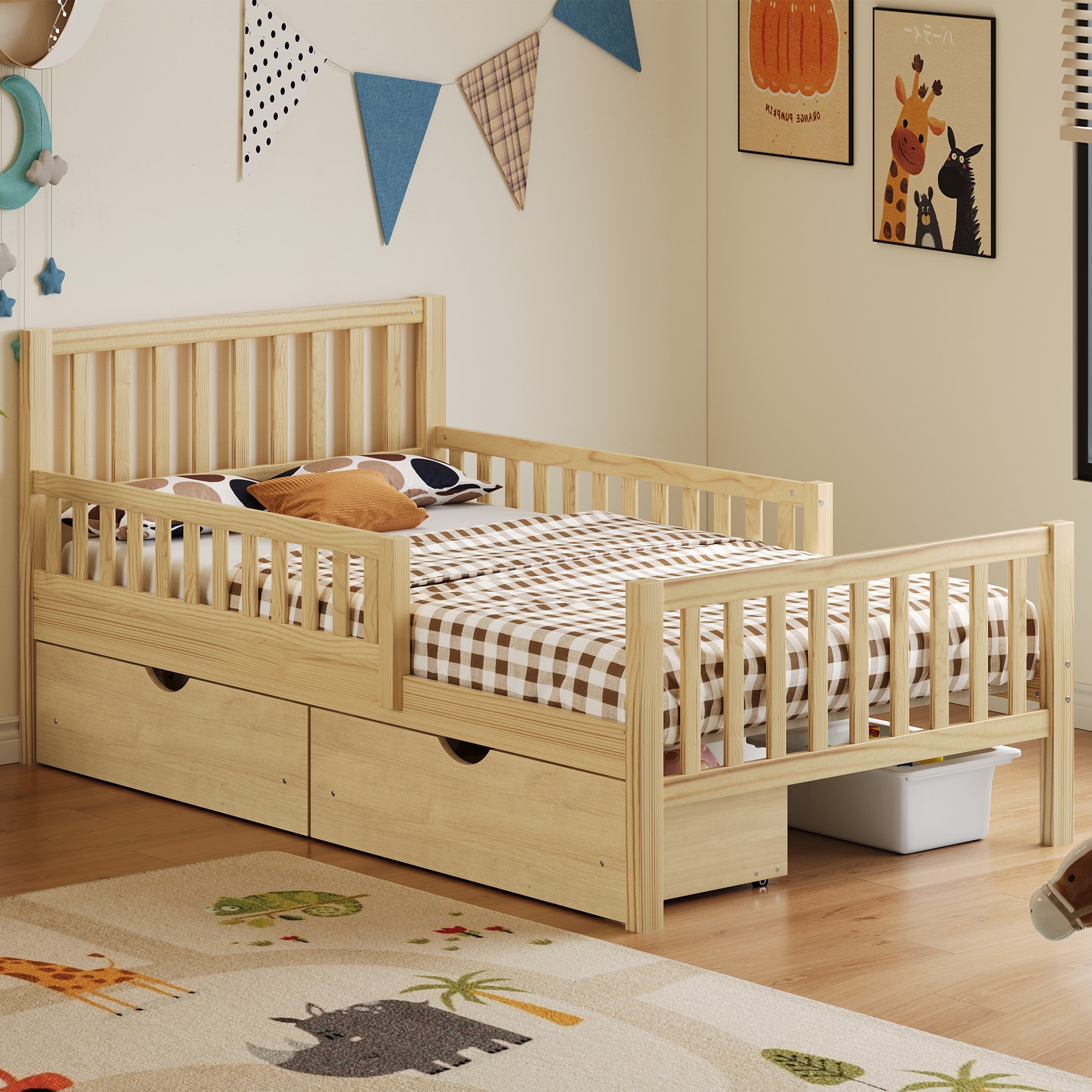 Twin Size Wood Platform Bed With Guardrails Storage Drawers