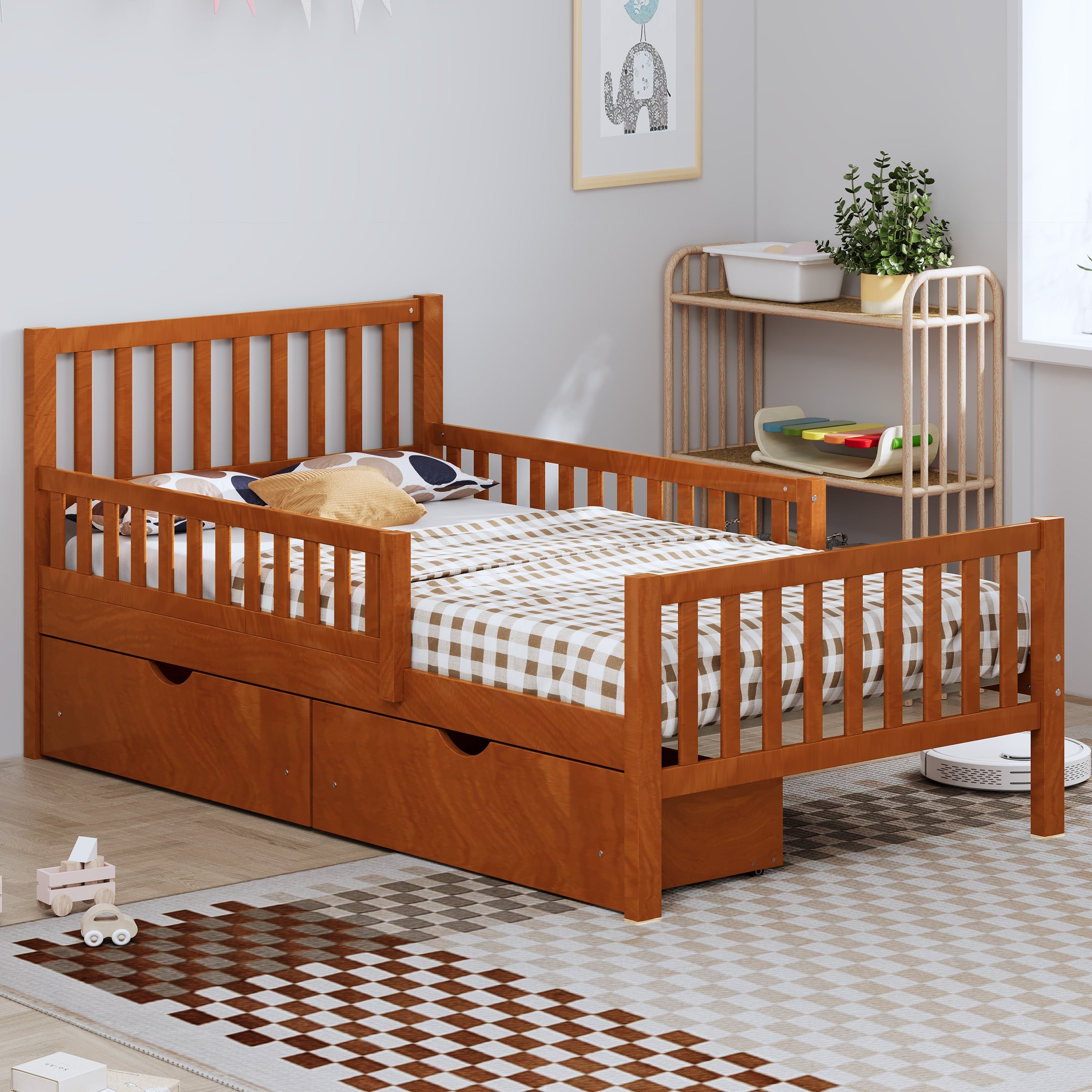 Twin Size Wood Platform Bed With Guardrails On Both Sides Drawers