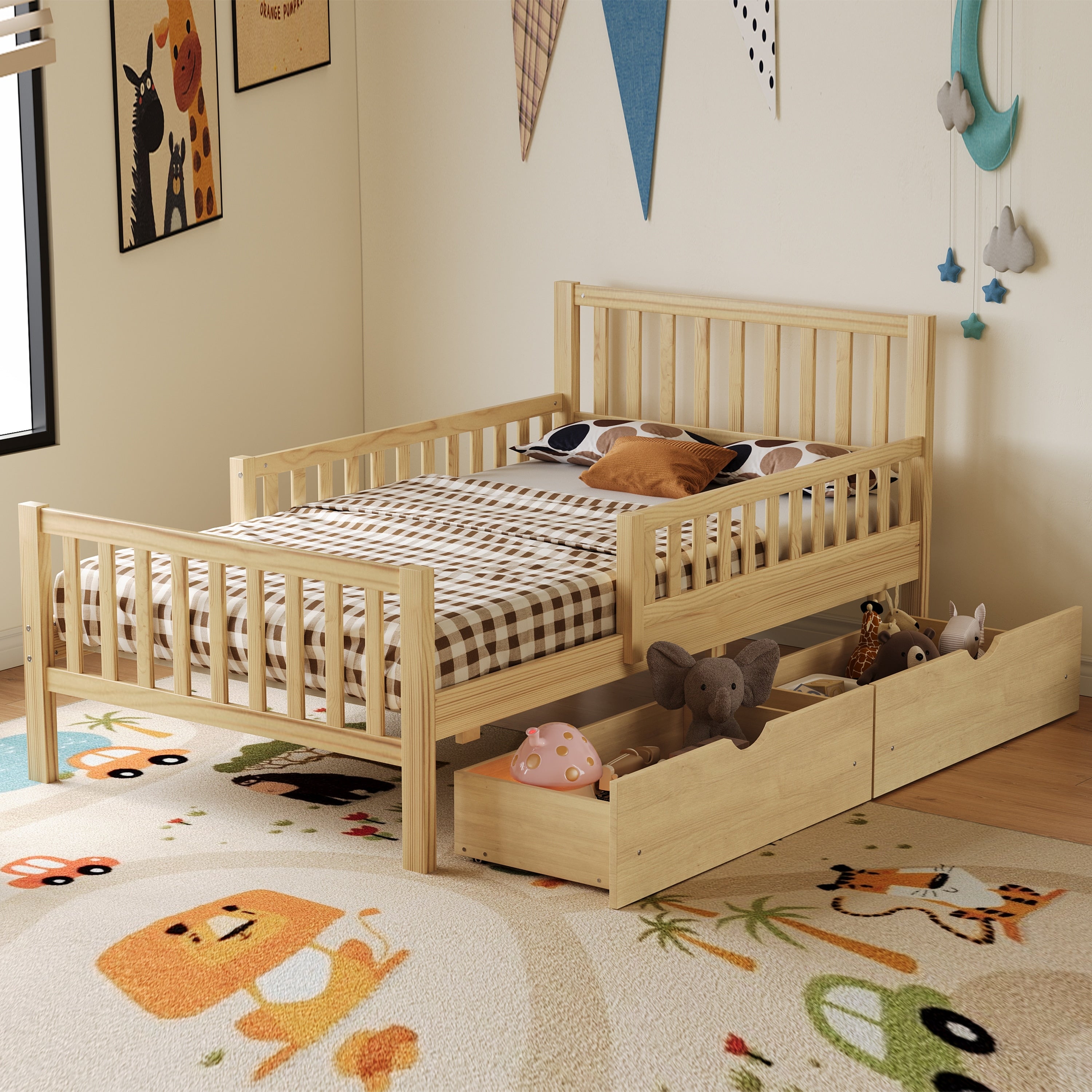 Twin Size Wood Platform Bed With Guardrails On Both Sides And Two Storage Drawers