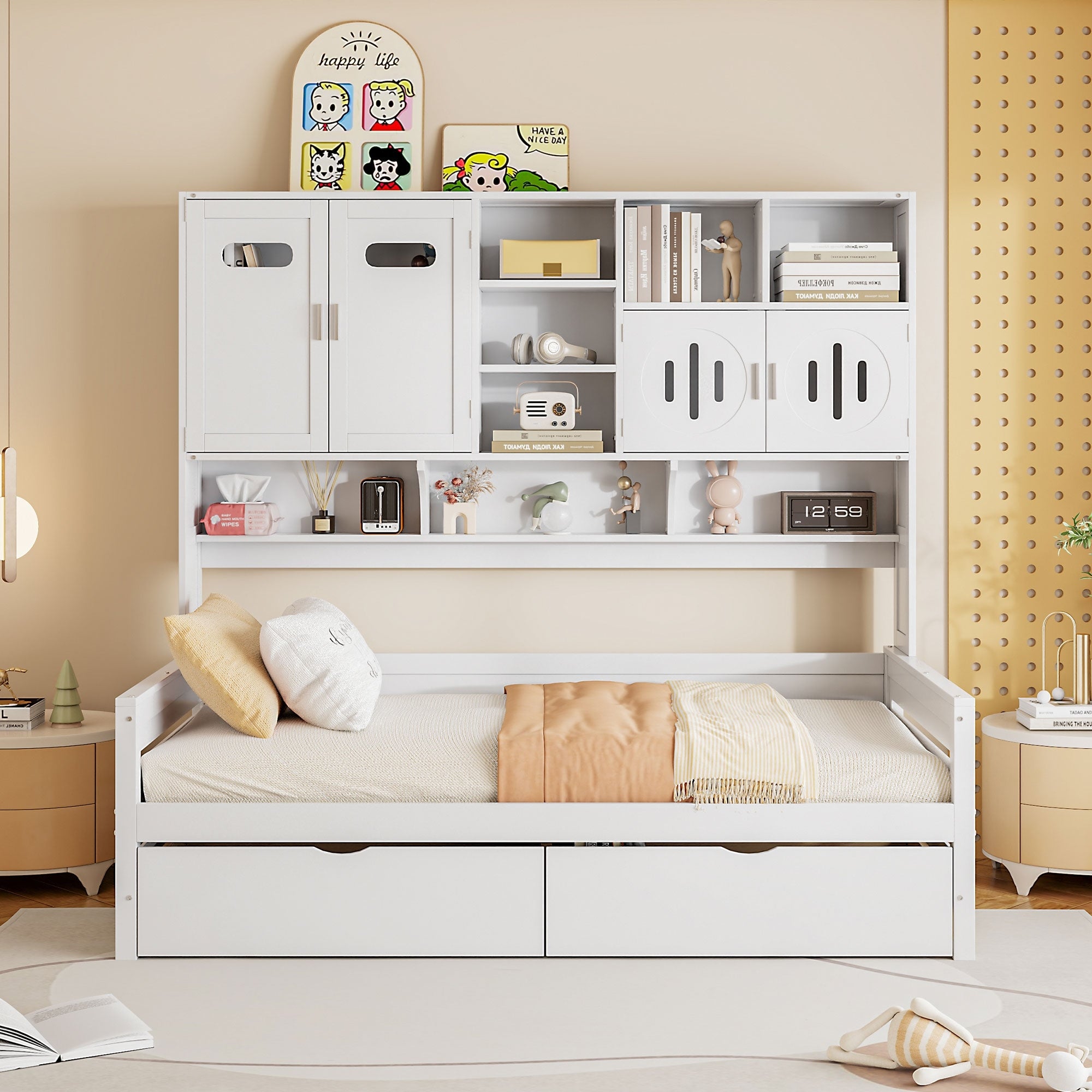 Twin Size Wooden Daybed With Storage Cabinet Drawers