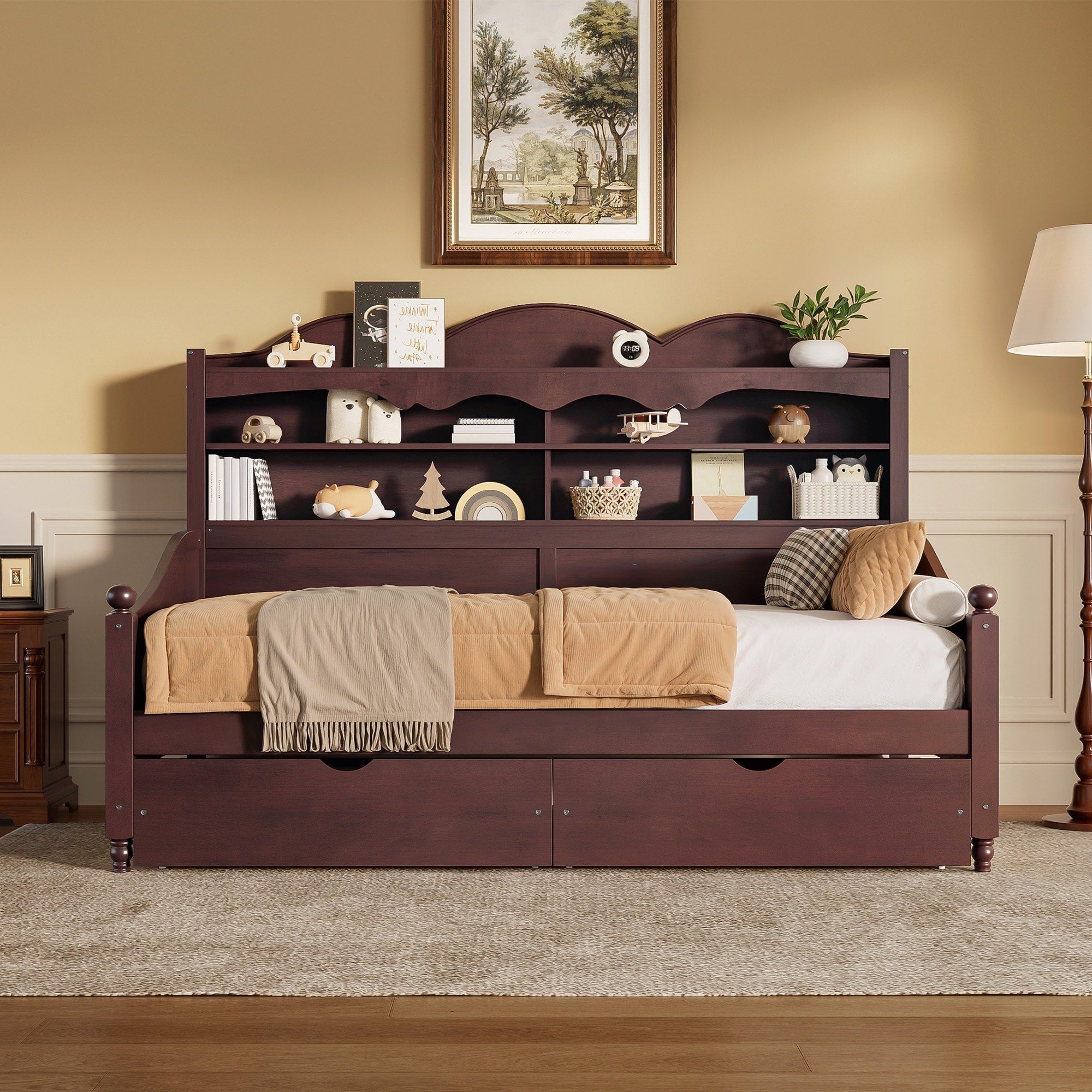 Twin Size Wooden Daybed With Storage Headboard And Drawers Retro Style Day Bed For Bedroom Or Living Room