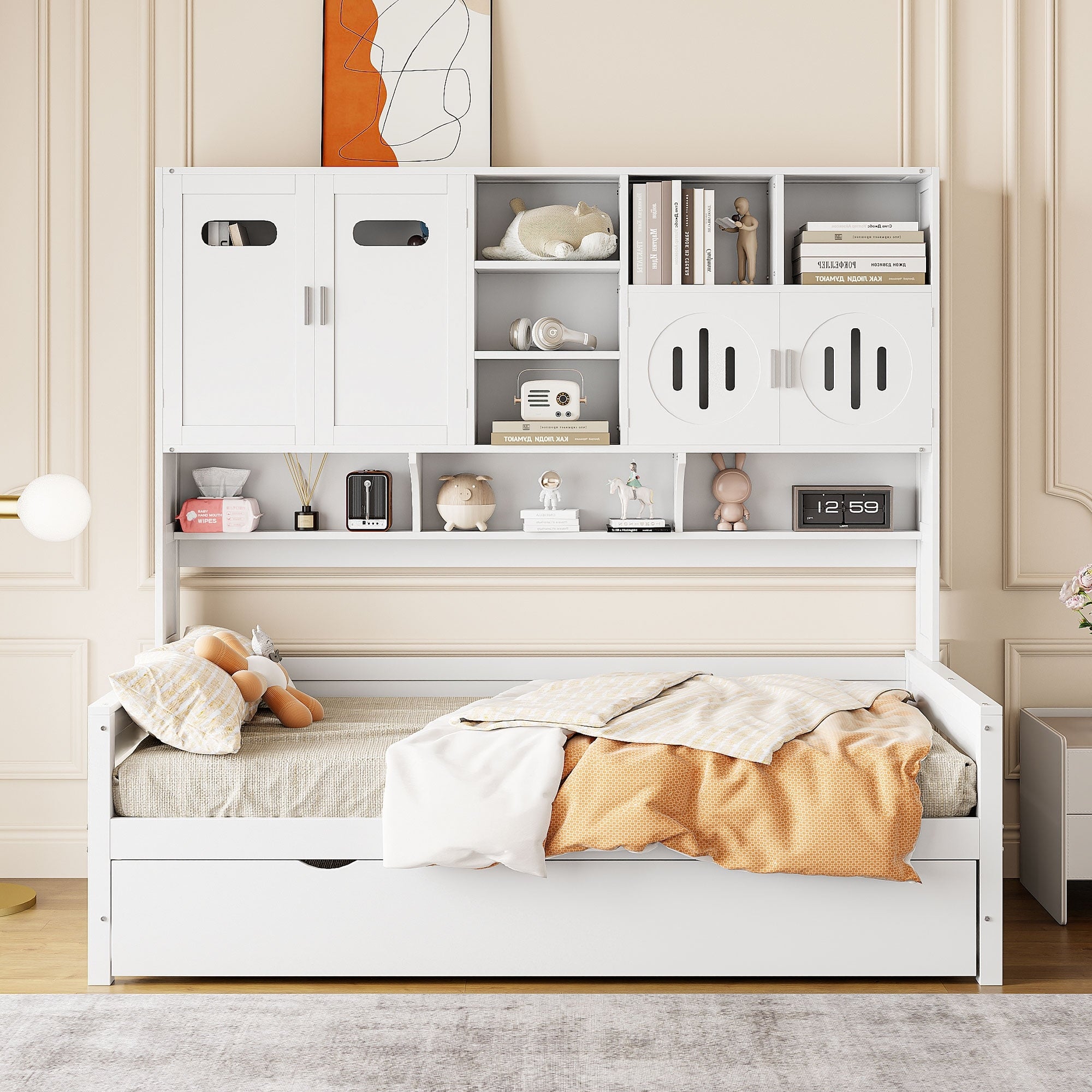 Twin Size Wooden Daybed With Trundle Bed Storage Cabinet