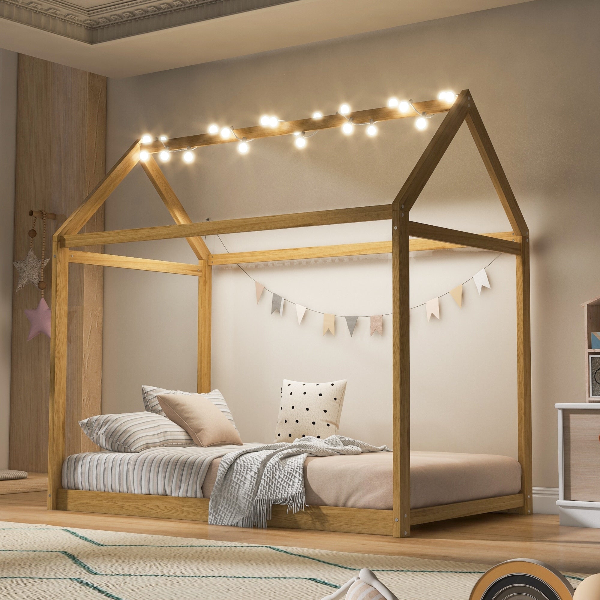 Twin Size Wooden House Bed With Fun House Shaped Design
