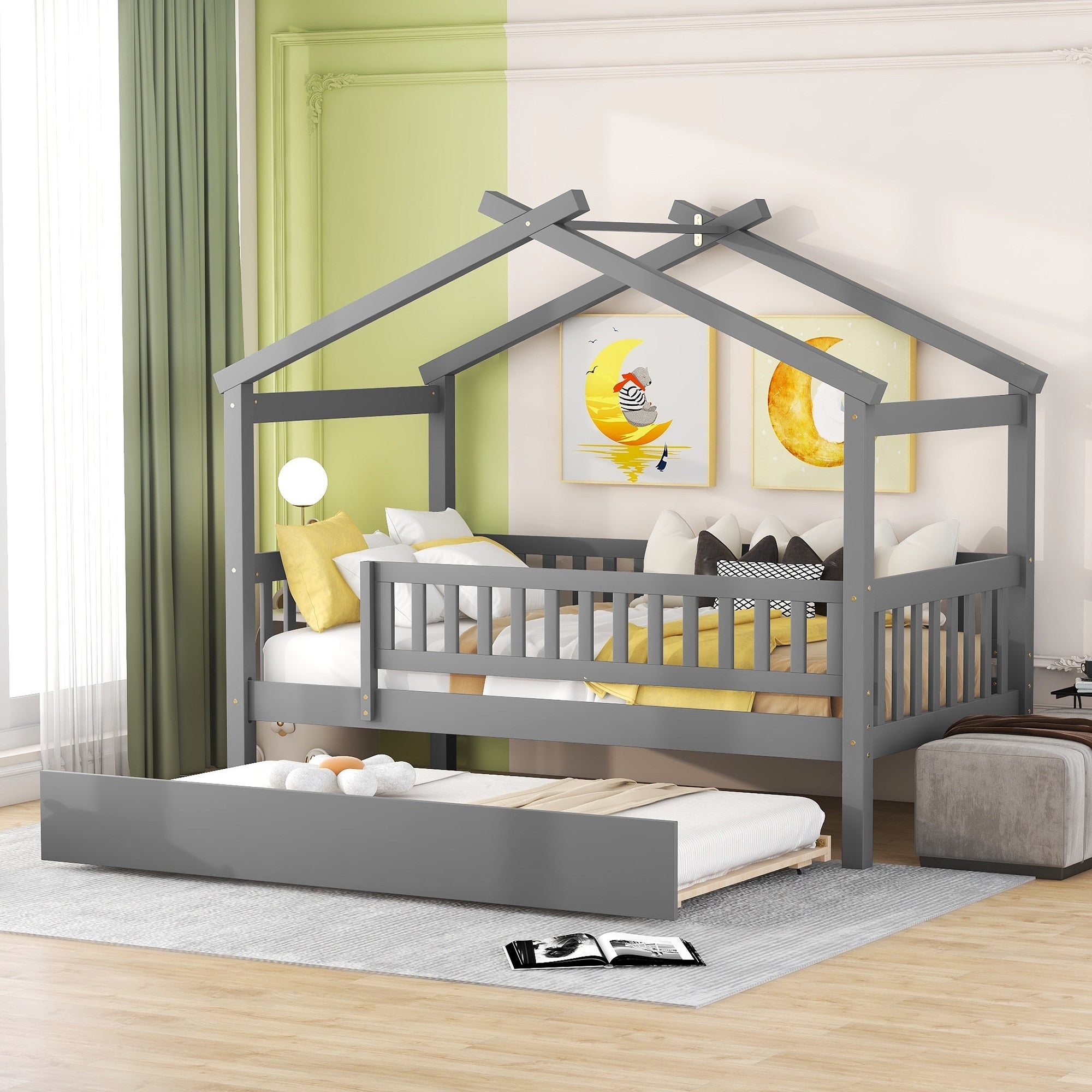 Twin Size Wooden House Bed With Twin Size Trundle Gray