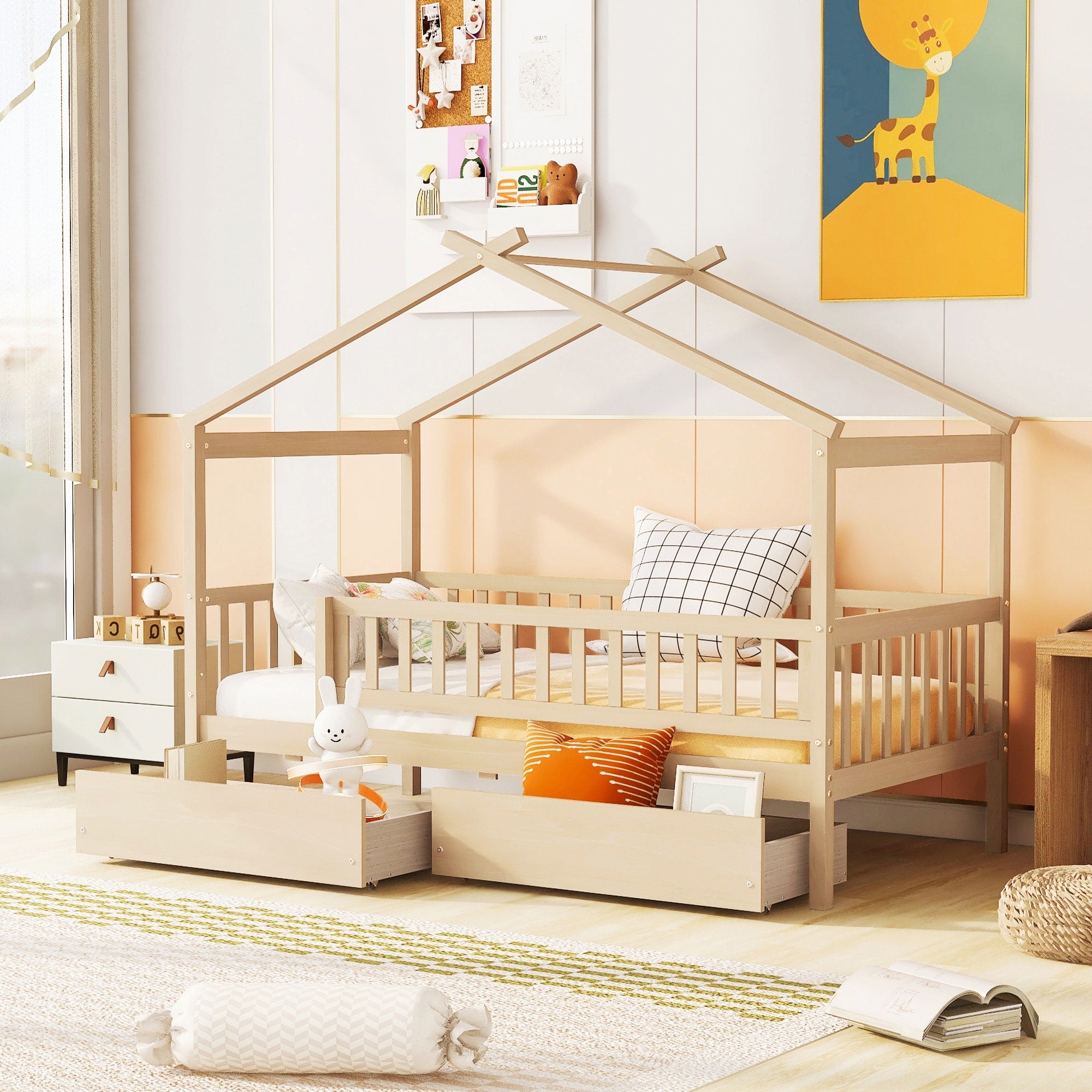 Twin Size Wooden House Bed With Two Drawers Natural