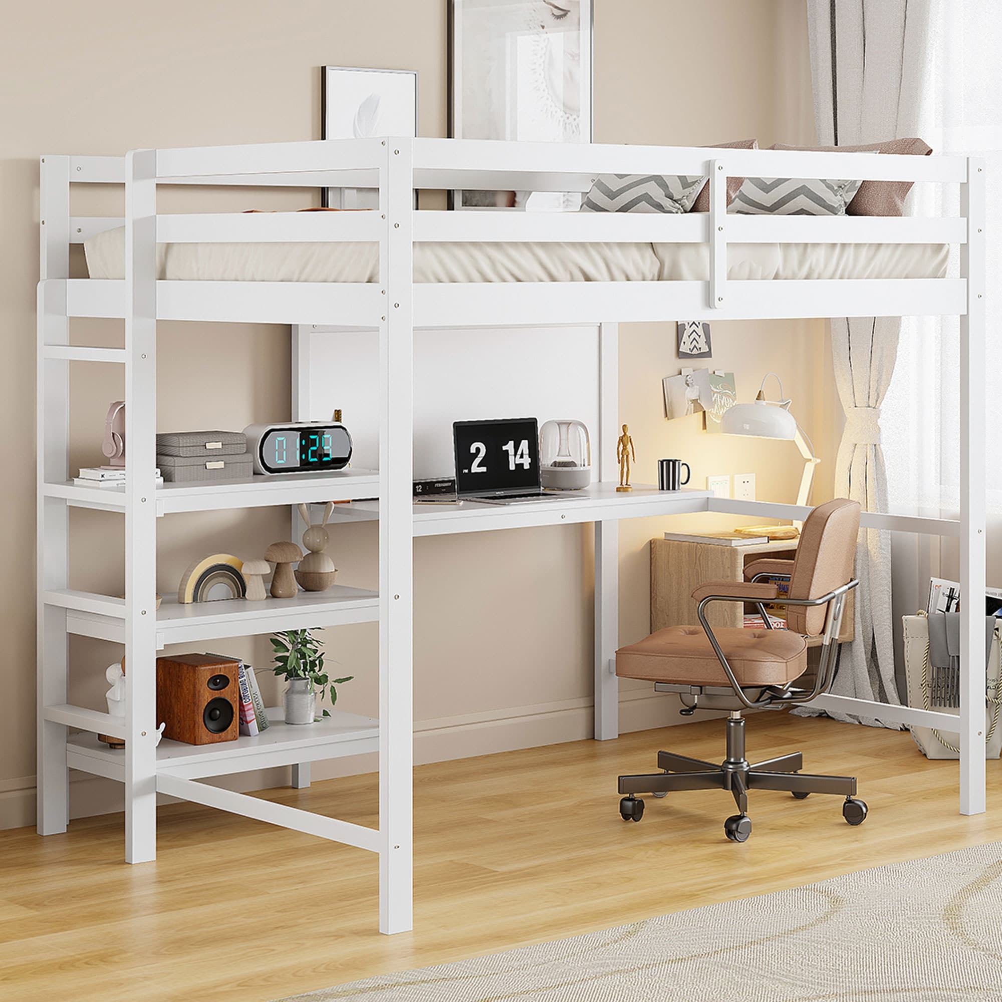 Twin Size Wooden Loft Bed With Desk Shelves And Writing Board