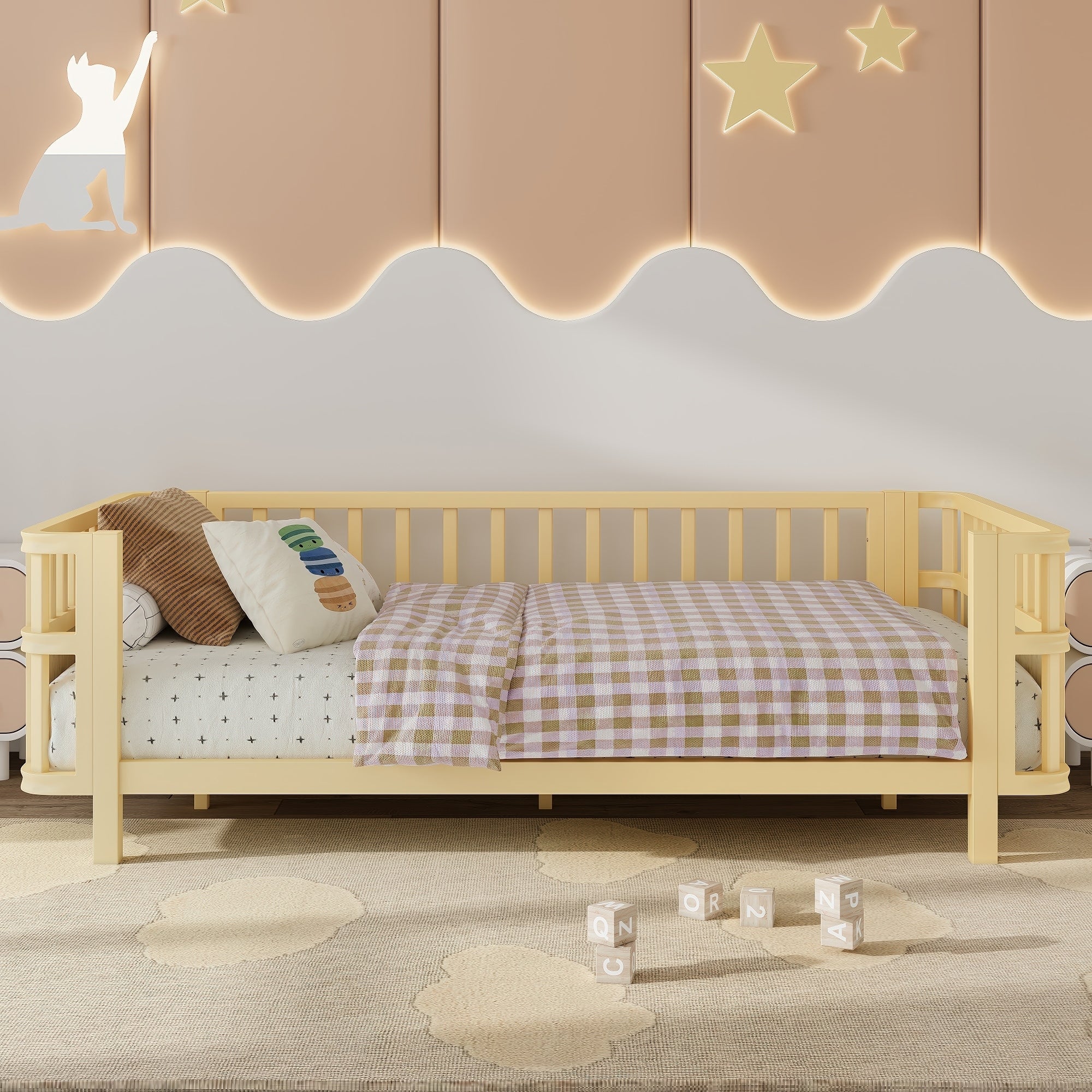Twin Size Wooden Platform Bed With Railings Low Profile Childrens Bed For Boys Girls