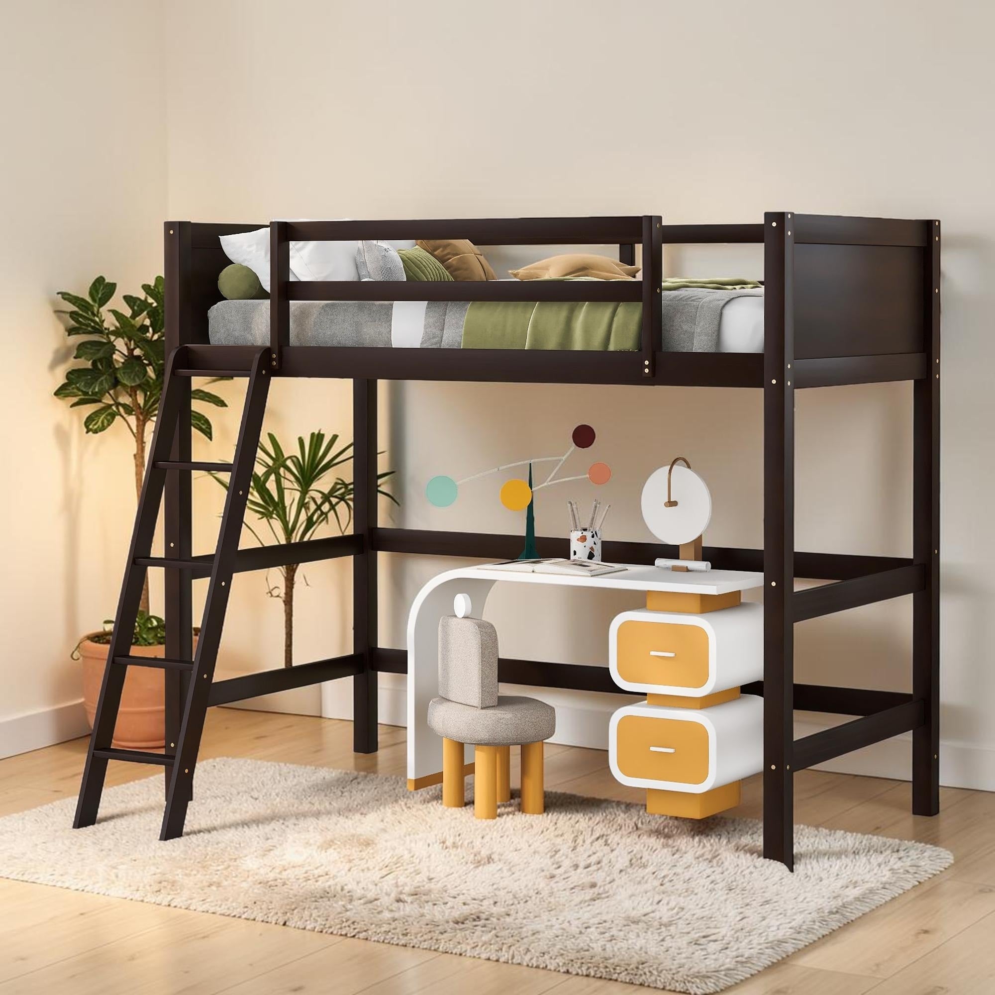 Twin Solid Wood Loft Bed With Ladder And Guardrails Space Saving Loft Bed Frame With Wood Slat Support
