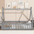 Twin Tent Shaped Floor Bed Teepee Bed With Guardrails Slats And Door Grey