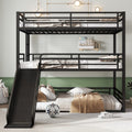 Twin Twin Full Triple Bunk Bed With Slide Metal Frame Safety Guardrails Noise Reduced Black