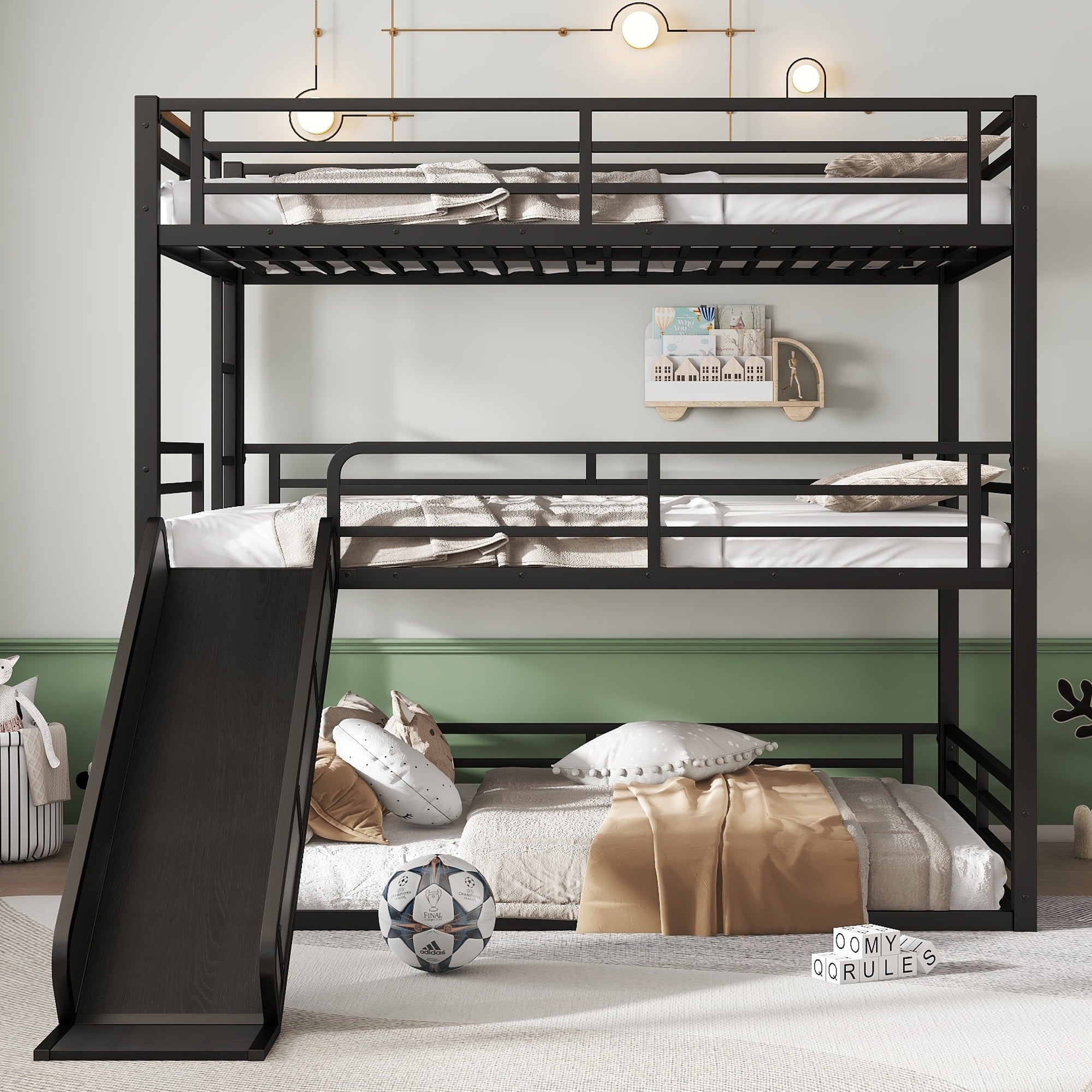 Twin Twin Full Triple Bunk Bed With Slide Metal Frame Safety Guardrails Noise Reduced Black
