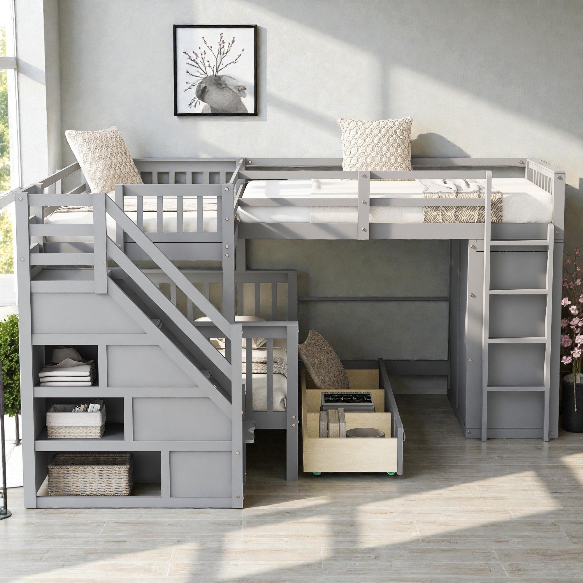 Twin Twin Over Full L Shaped Bunk Bed With Drawers Wardrobe And Retractable Desk Pine Wood Frame