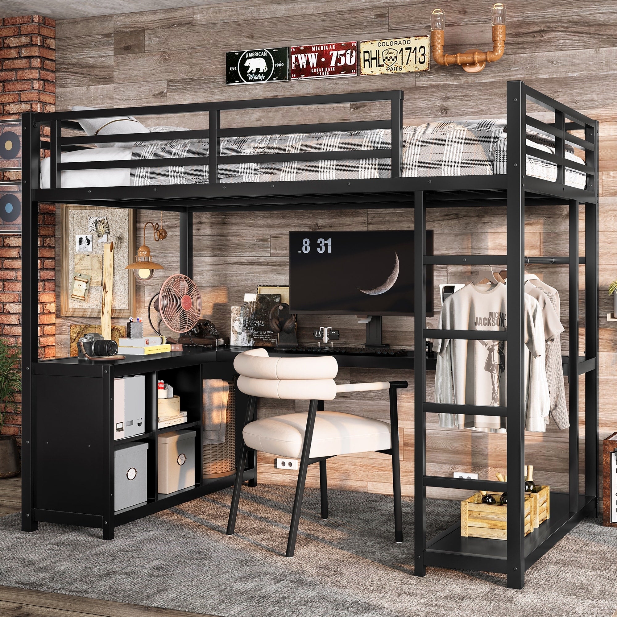 Twin Twin Xl Metal Loft Bed With Wardrobe L Shaped Desk Loft Bed With Storage Cubes Shelves For Teens Adults