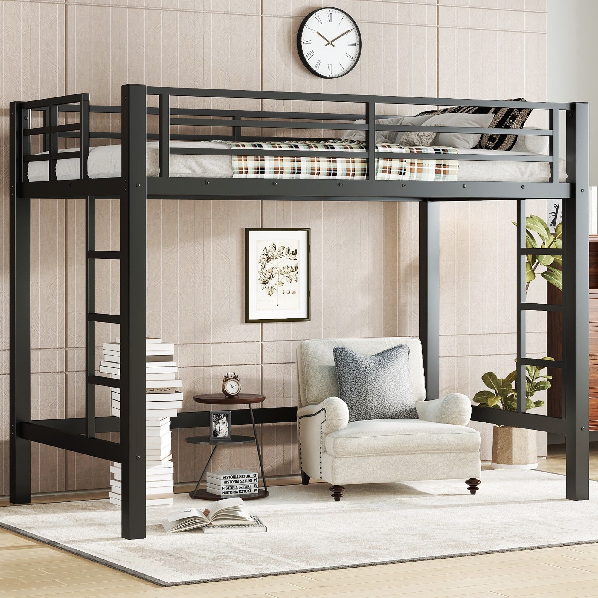 Twin Twin Xl Size Metal Loft Bed With Ladder And Guardrails Study Space Saving Design