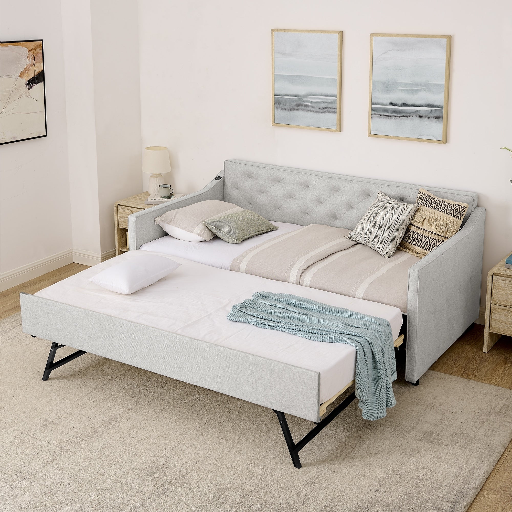 Twin Upholstered Daybed With Pop Up Trundle Usb Charging Ports