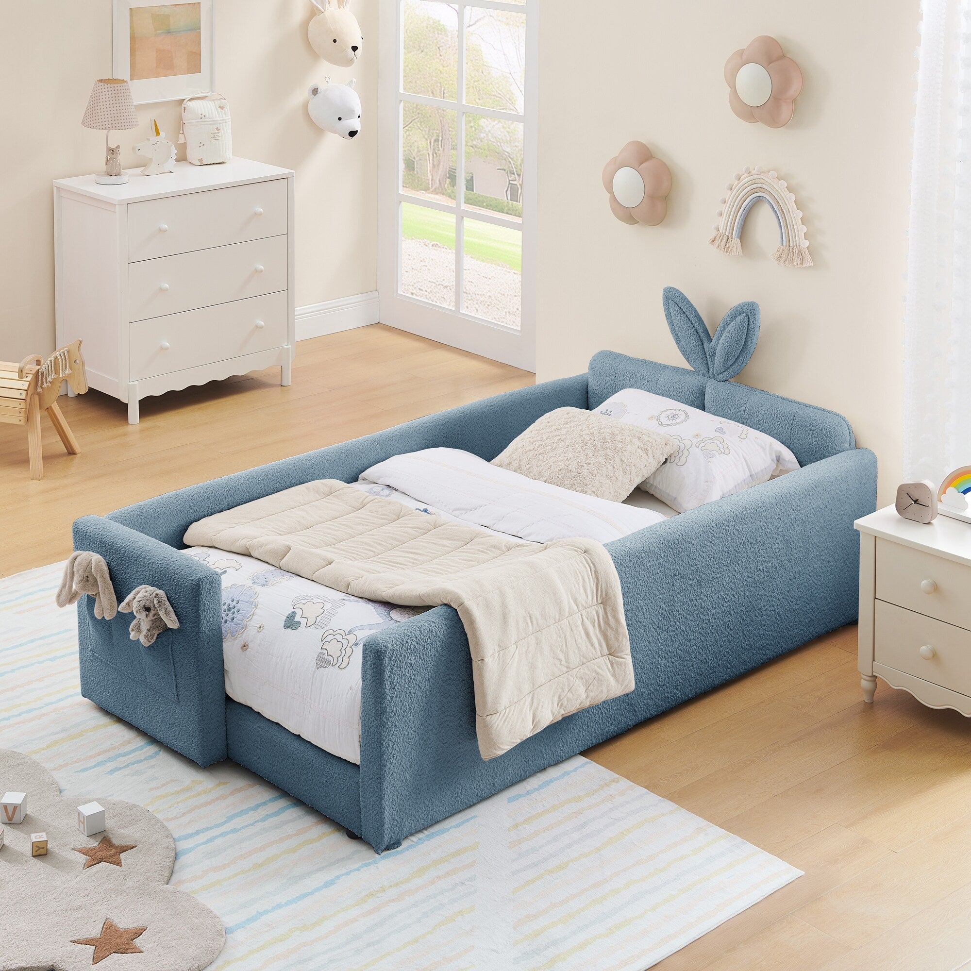 Twin Upholstered Platform Bed With Bunny Ear Headboard Safety Rail Pocket In Boucle Fabric