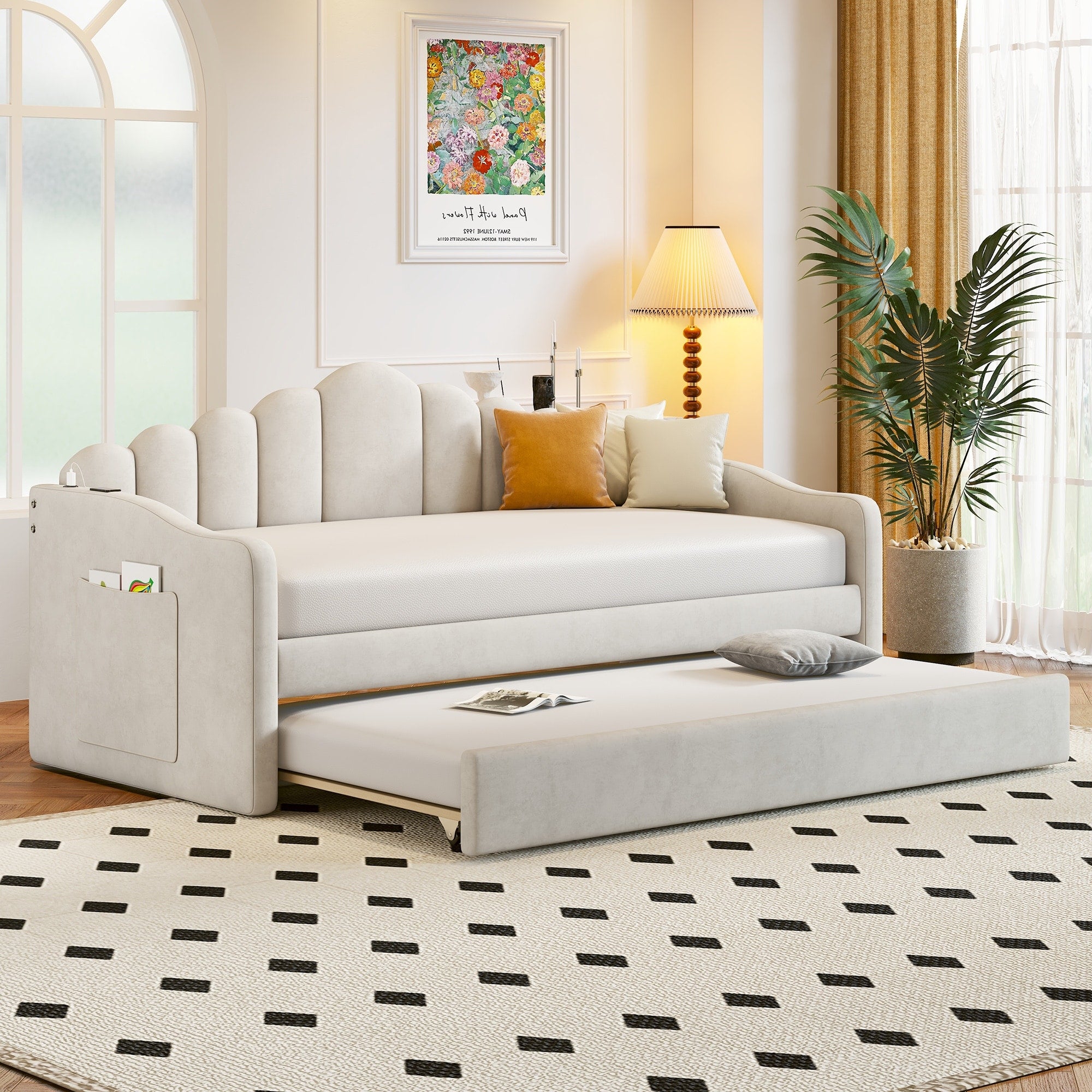 Twin Upholstered Velvet Daybed With Trundle And Usb Charging Ports
