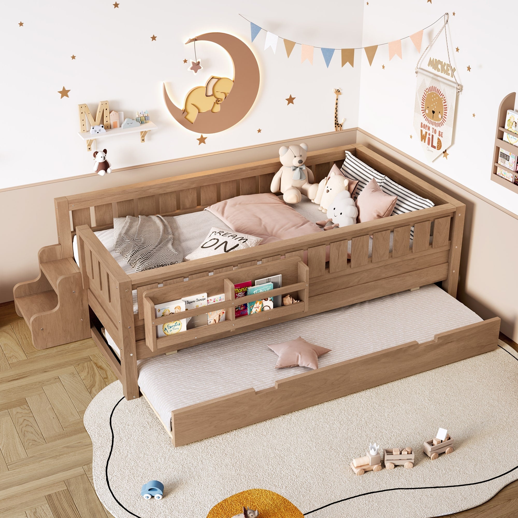 Twin With Built In Bookshelves And Small Staircase High Quality Safety Rails And Trundle