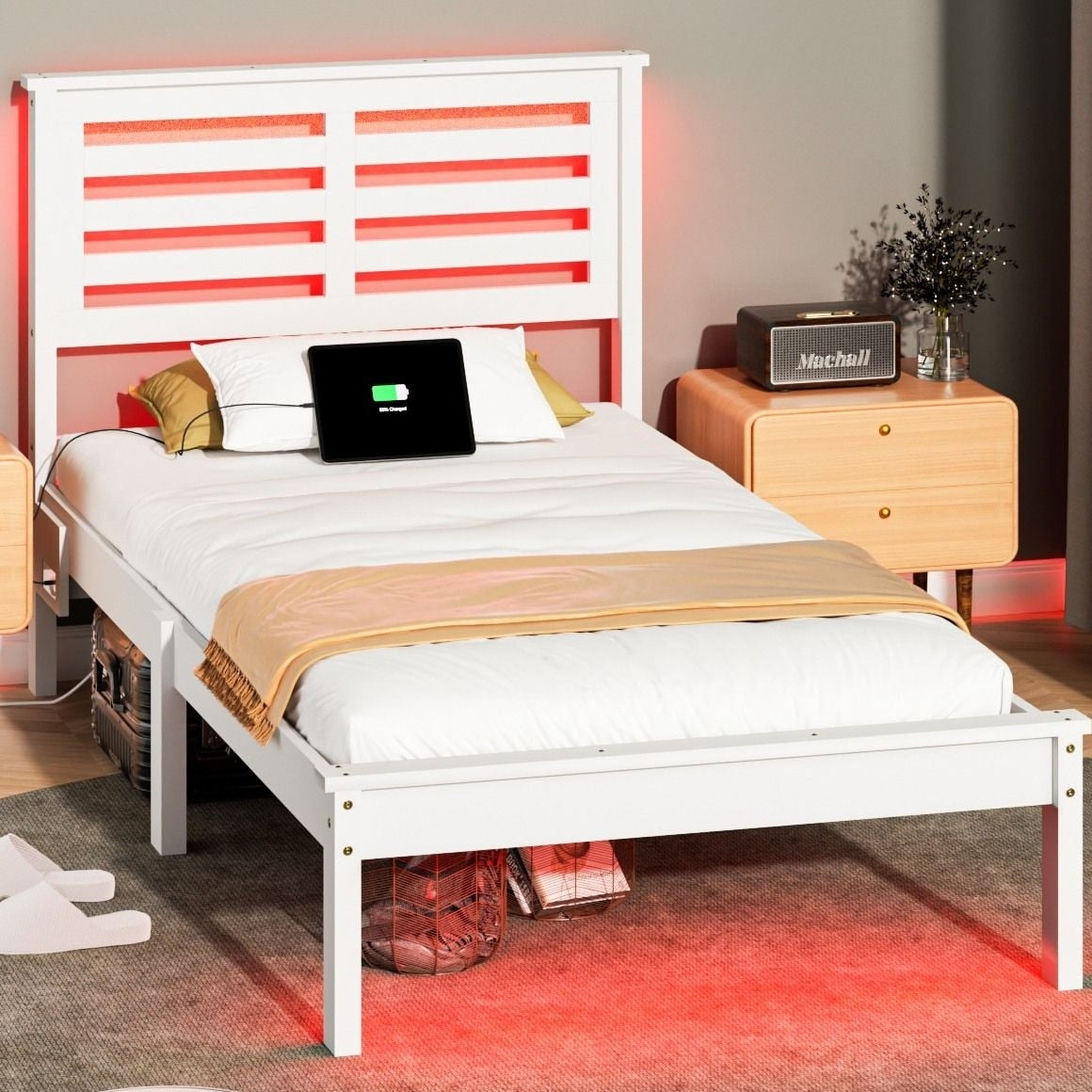 Twin Wood Bed Frame With Charging Station Lighted Platform Bed White