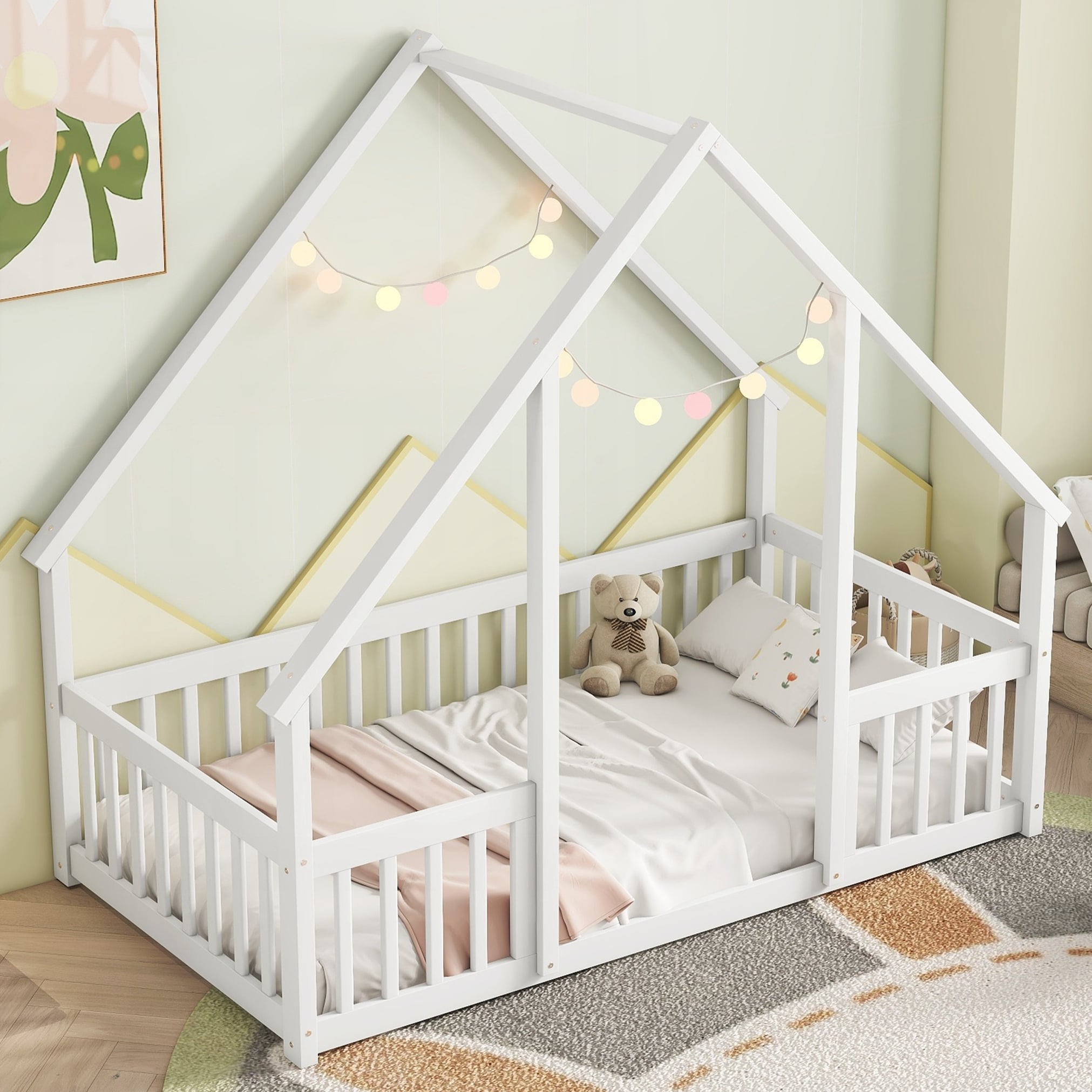 Twin Wood House Shaped Floor Bed With Fence
