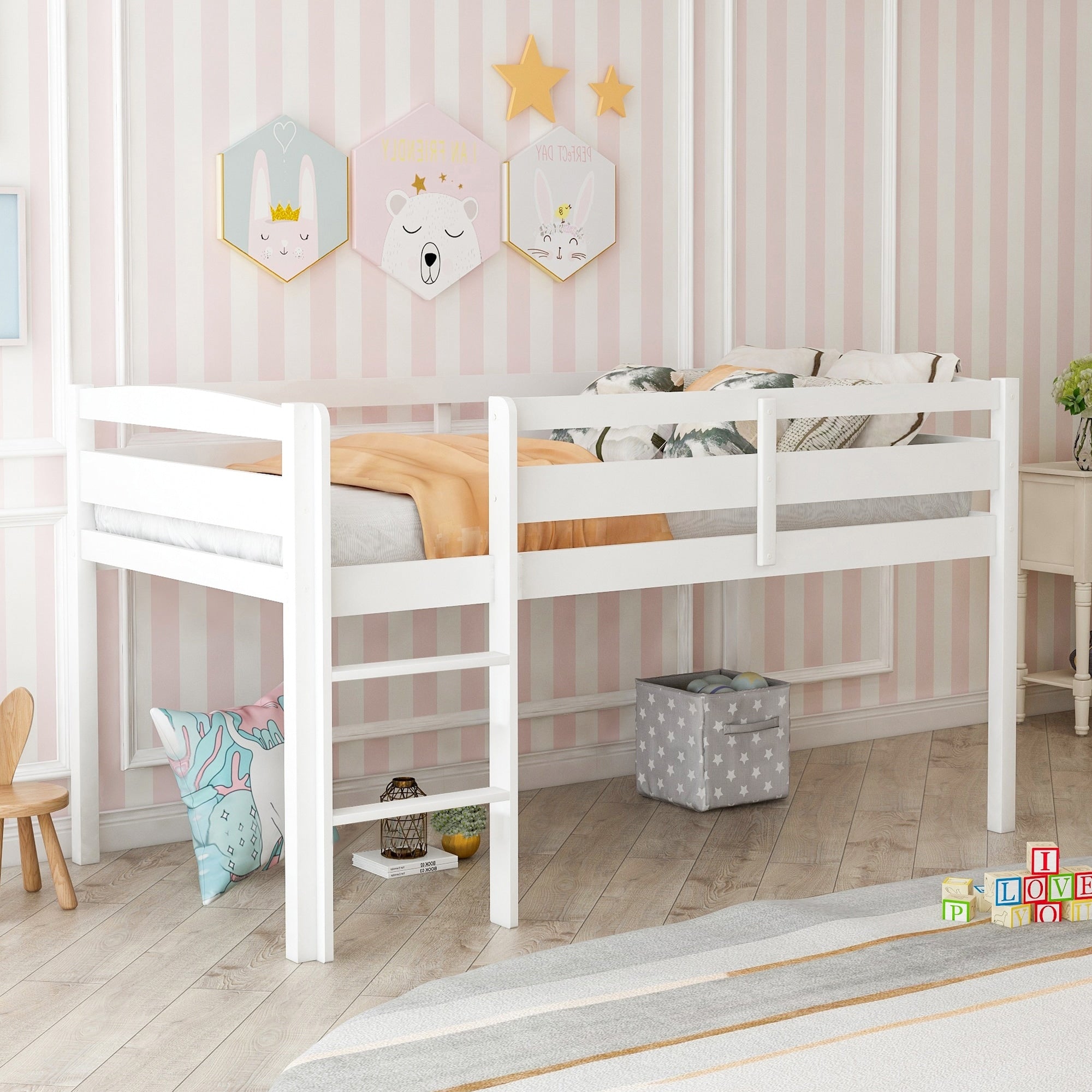 Twin Wood Loft Bed With Ladder Low Loft Design Solid Pine Frame