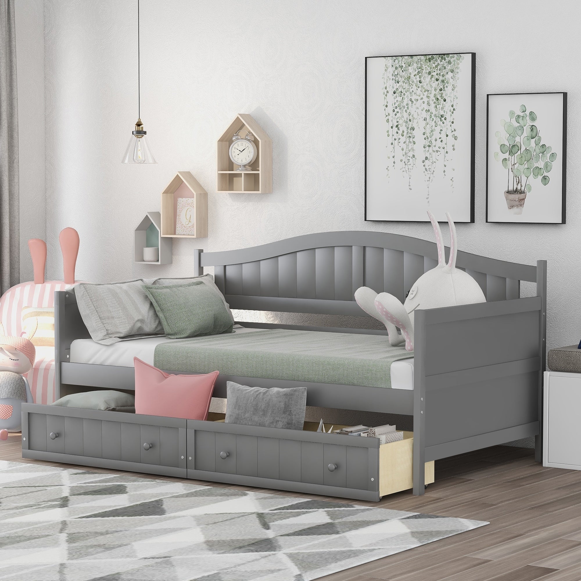 Twin Wooden Daybed With 2 Drawers Sofa Bed For Bedroom Living Room No Box Spring Needed