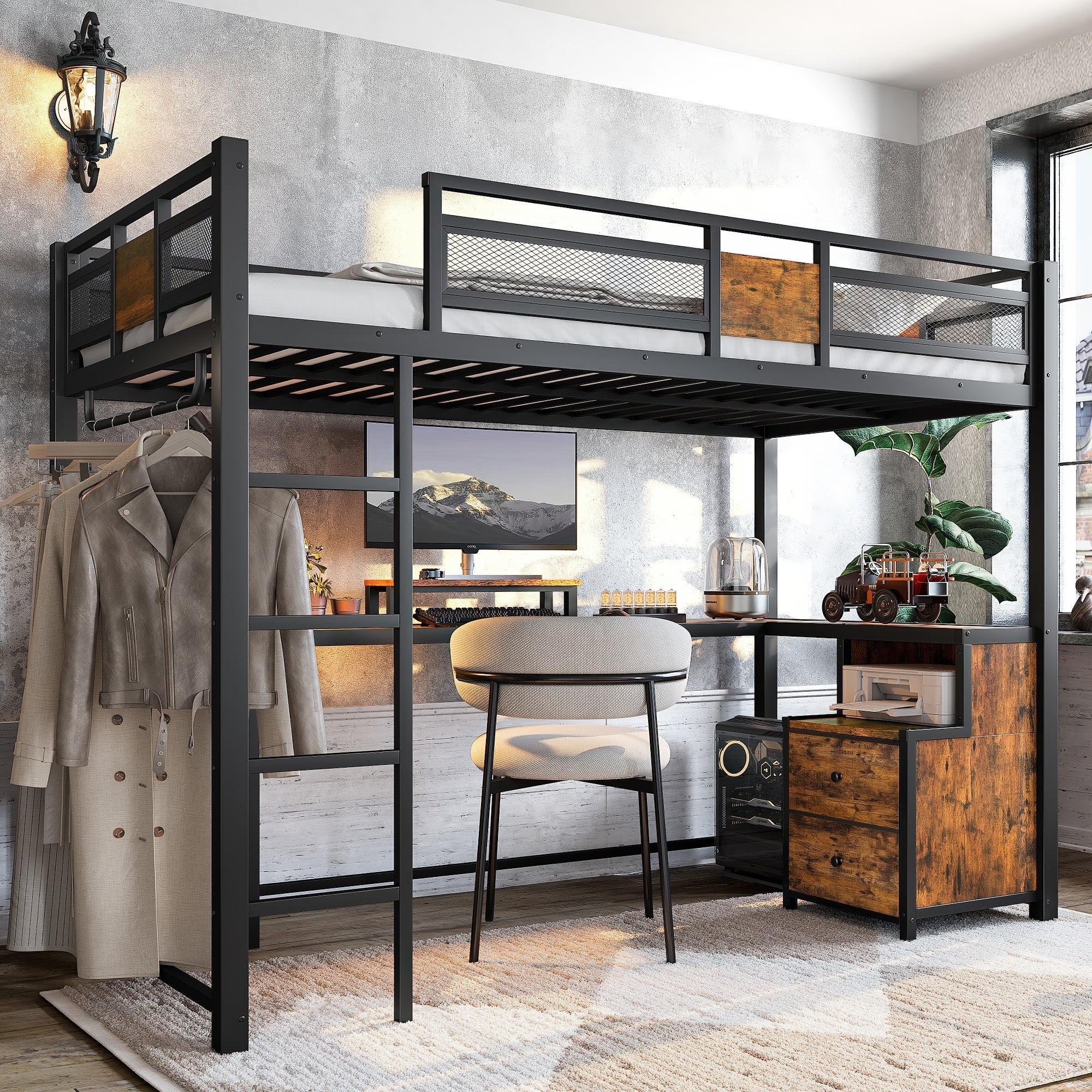 Twin Xl Loft Bed With Desk And Storage Non Woven Fabric Drawers With Ladders Nosie Free And No Spring Box Needed