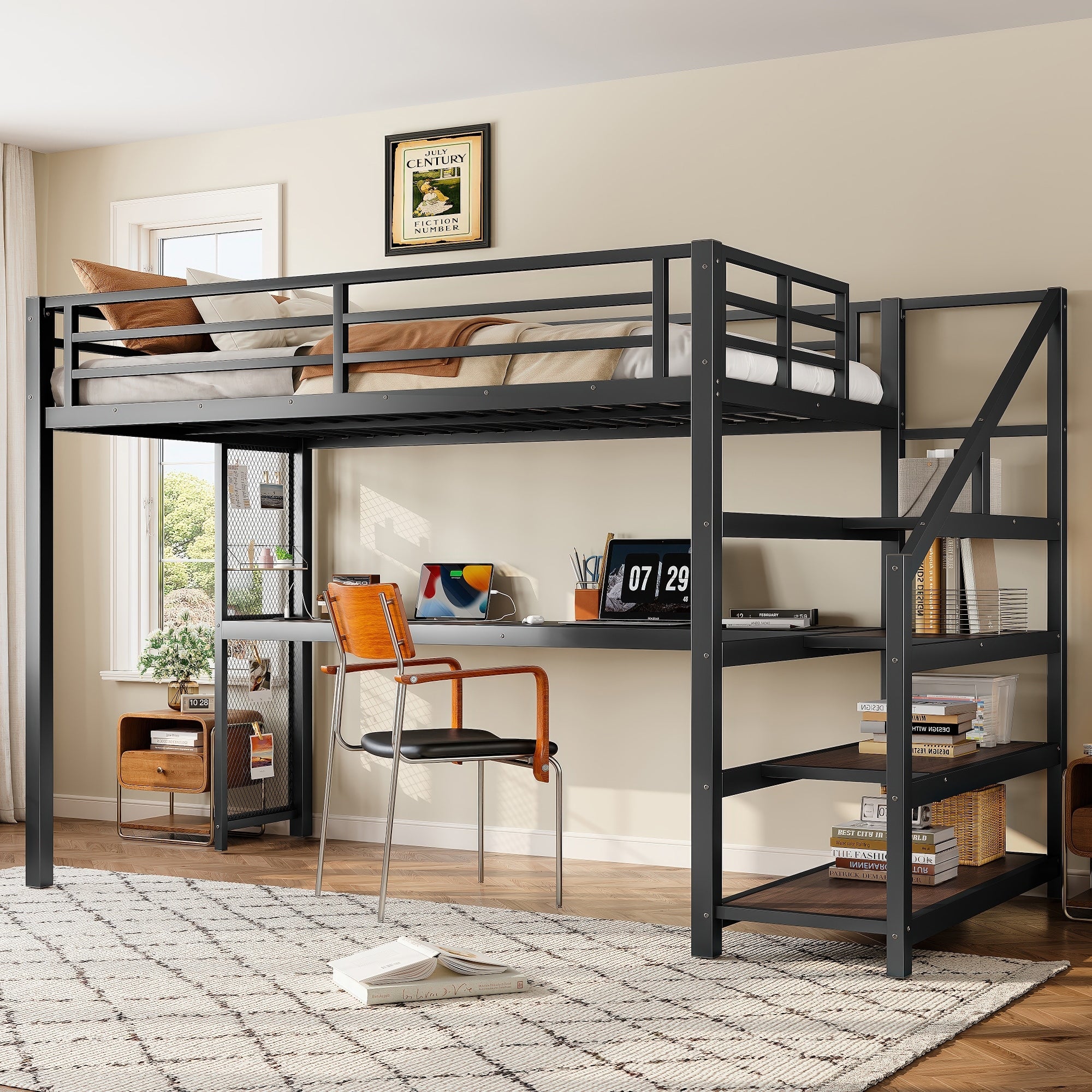 Twin Xl Loft Bed With Desk And Storage Stairs Metal Loft Beds With Led Lights Usb Ports Multifunctional Iron Nets