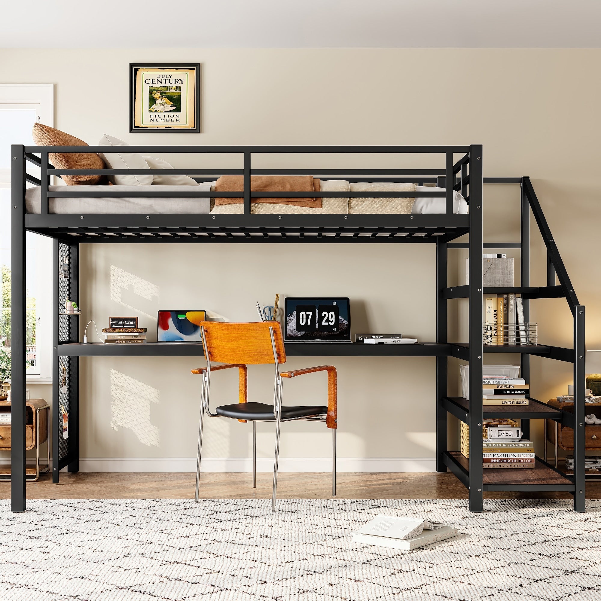 Twin Xl Loft Bed With Desk Storage Stairs Led Lights Metal Frame Usb Ports Noise Free