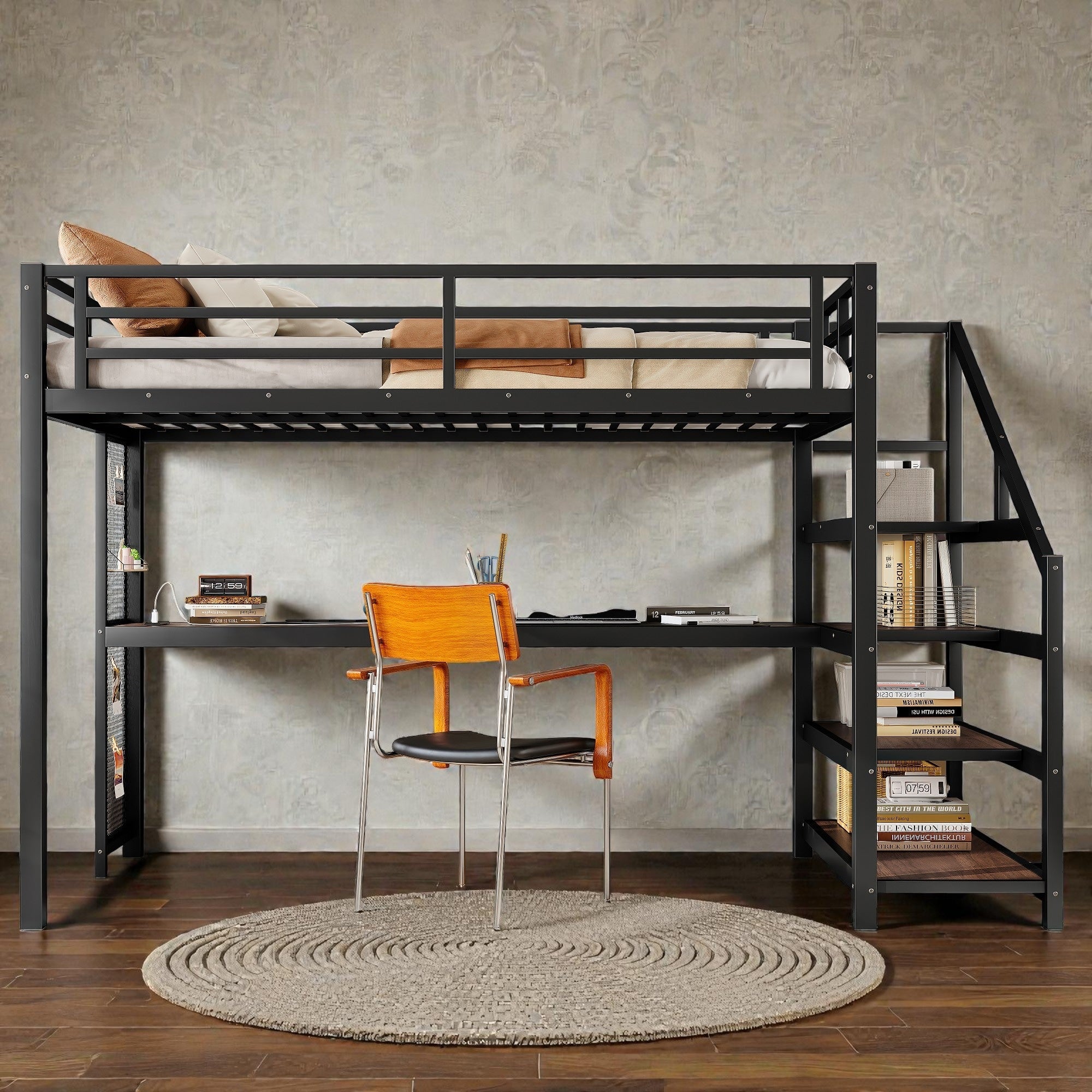 Twin Xl Metal Loft Bed With Desk And Storage Stairs Led Lights Usb Ports Noise Free Design