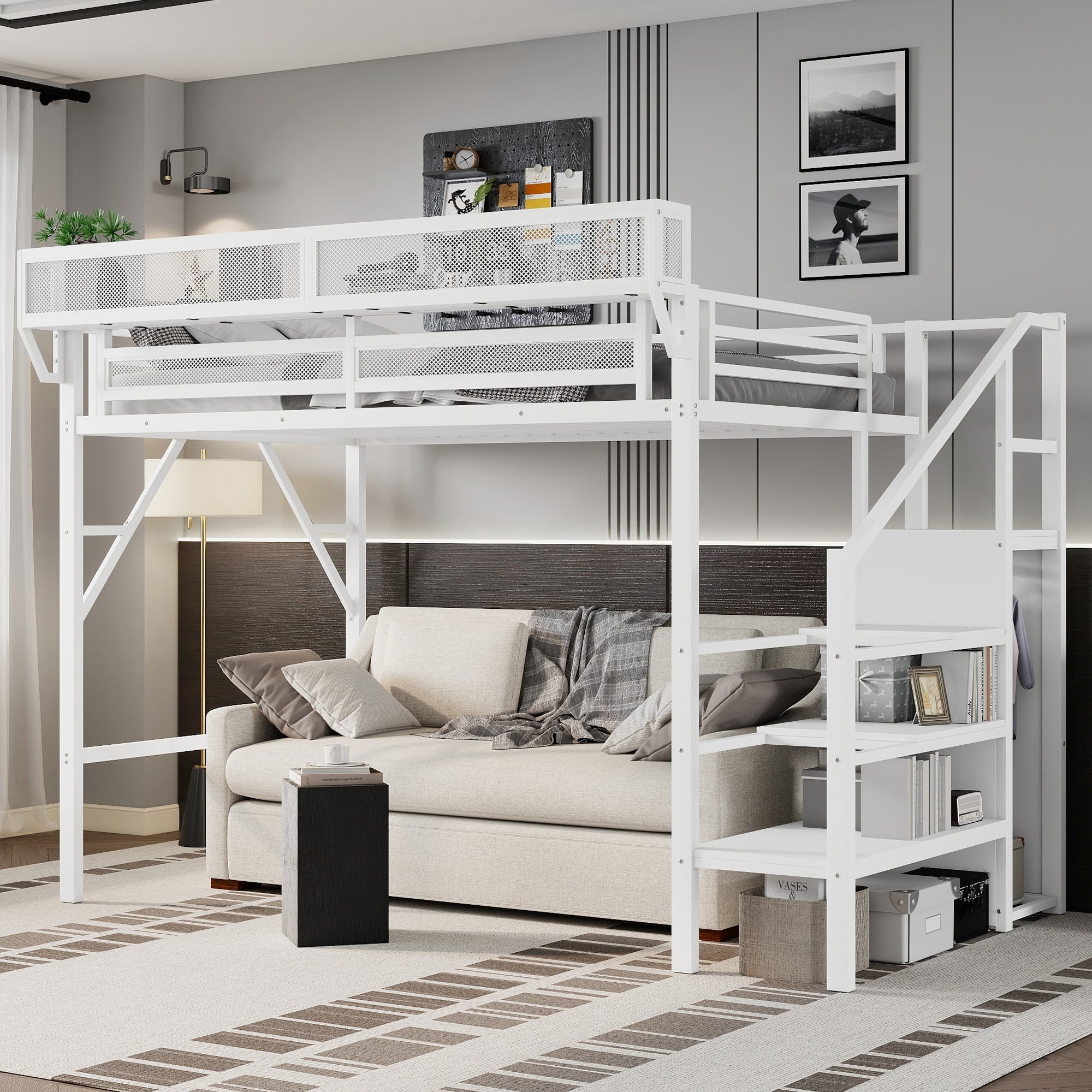 Twin Xl Metal Loft Bed With Stairs Full Size Loft Bed With Storage Shelves And Wardrobe For Kids And Teens