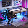 Twin Xl Size Gaming Loft Bed With Desk Of X Shaped Leg Led Lights Usb Ports Staircase Mesh Guardrail Black Metal Frame