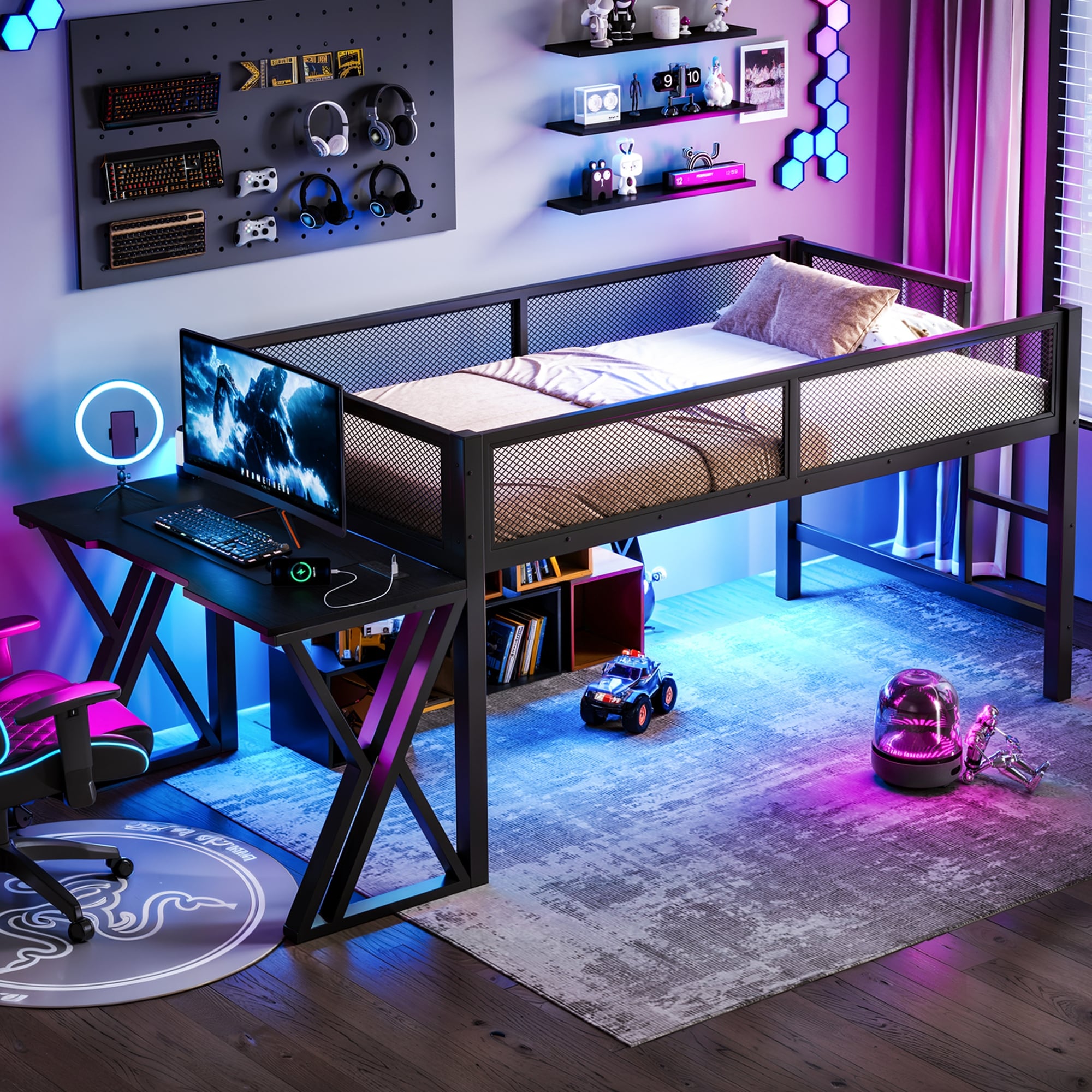 Twin Xl Size Gaming Loft Bed With Desk Of X Shaped Leg Led Lights Usb Ports Staircase Mesh Guardrail Black Metal Frame
