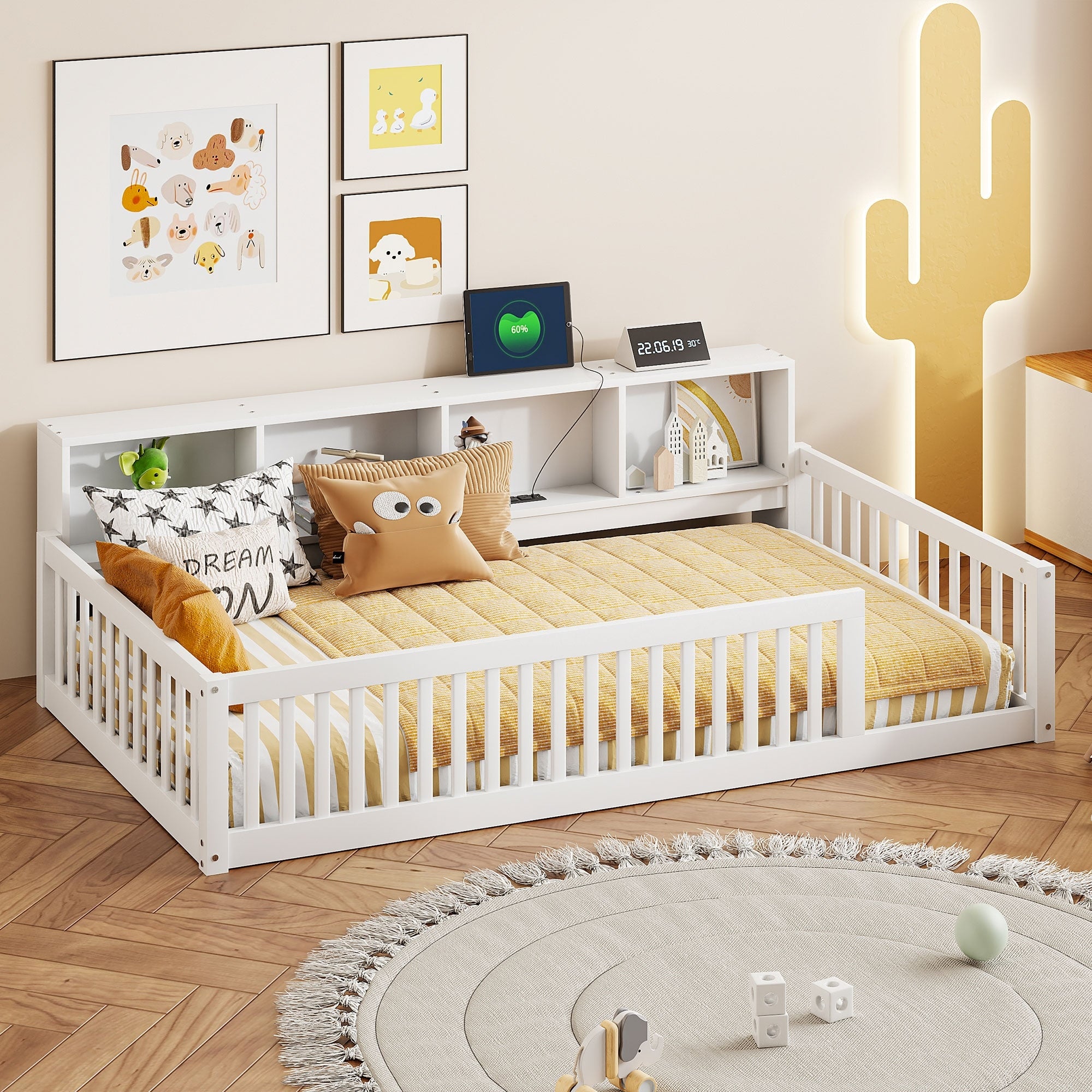 Twin Xl Wood Floor Bed With Built In Storage And Charging Ports