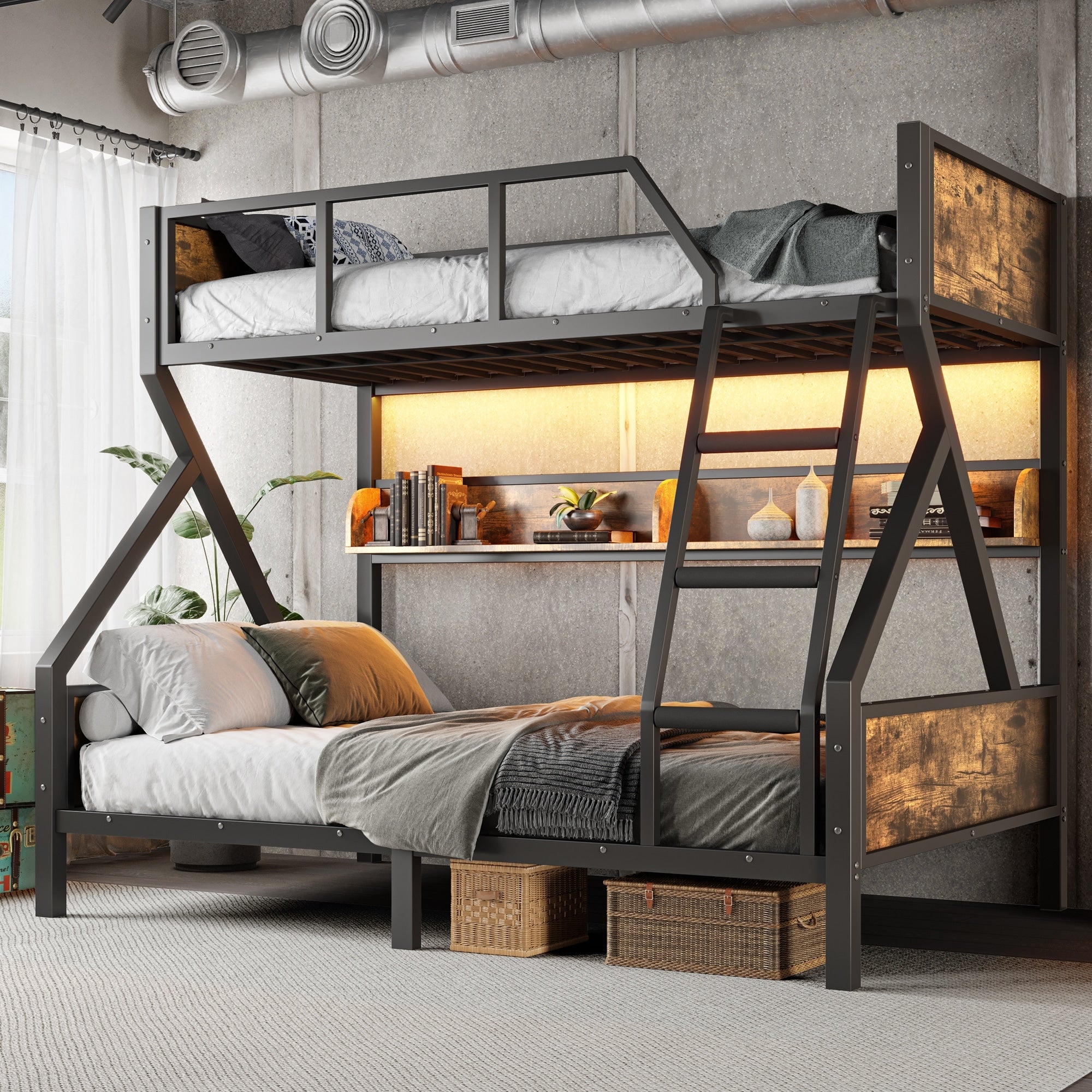 Twin Xl Over Queen Bunk Bed With Storage Shelves Lights And Noise Free Design